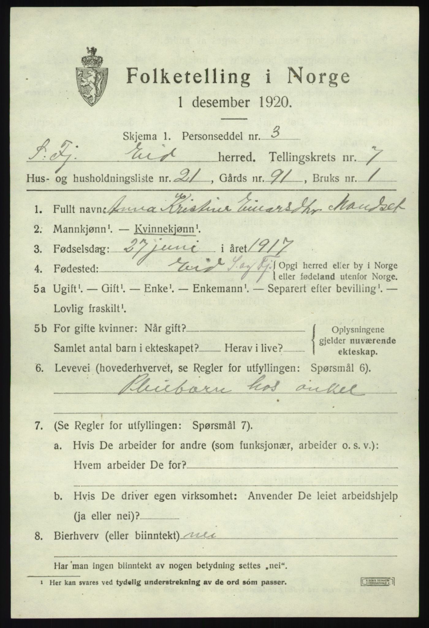 SAB, 1920 census for Eid, 1920, p. 3736