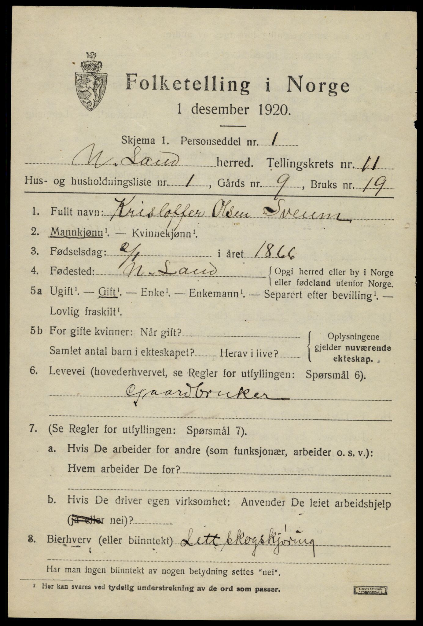 SAH, 1920 census for Nordre Land, 1920, p. 5658