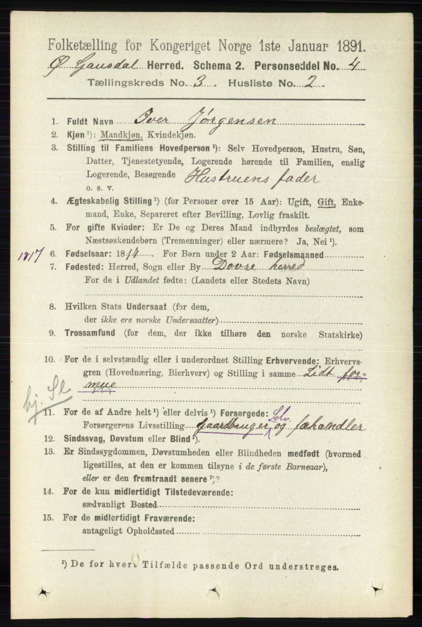 RA, 1891 census for 0522 Østre Gausdal, 1891, p. 1724