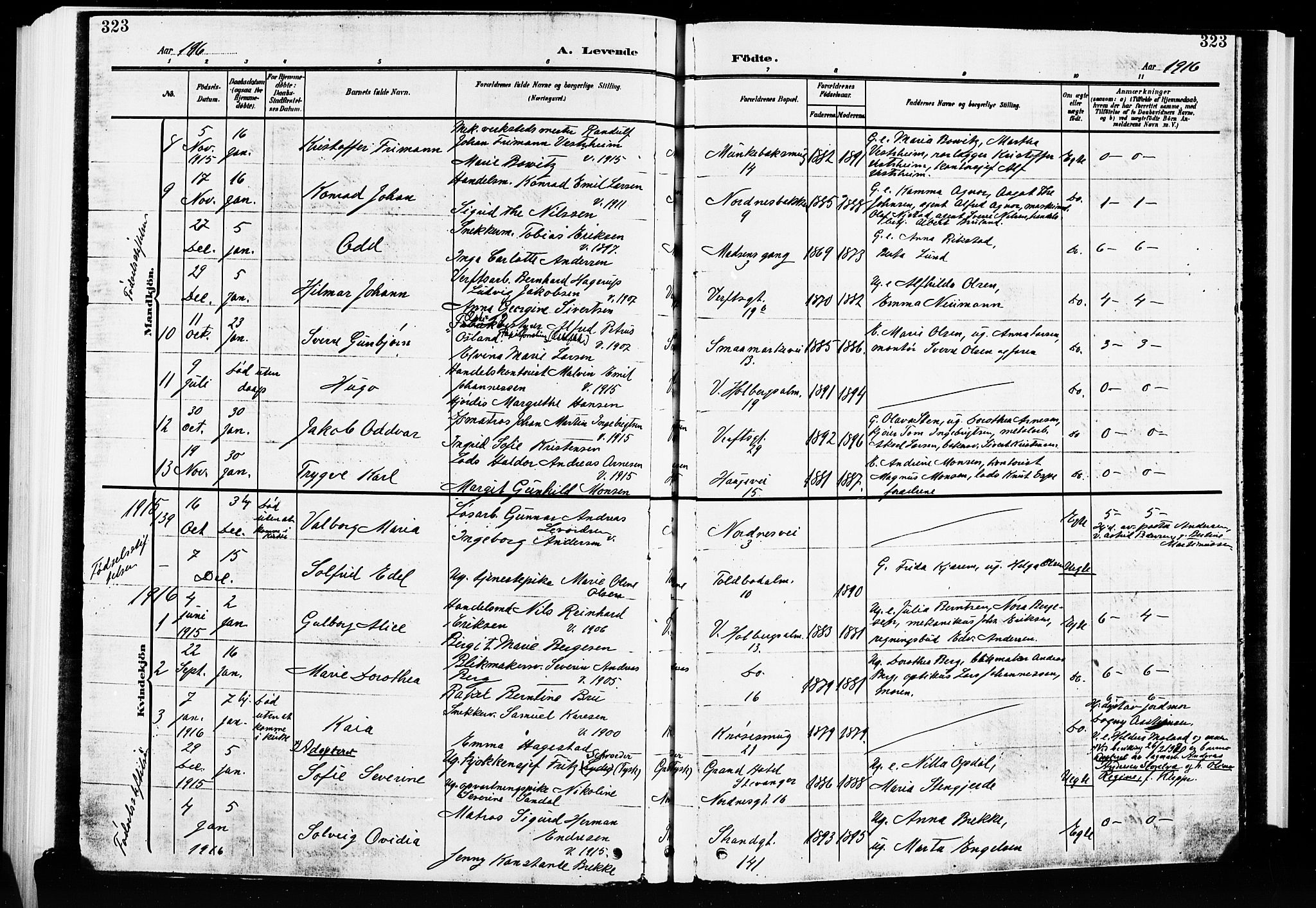 Nykirken Sokneprestembete, SAB/A-77101/H/Hab: Parish register (copy) no. B 6, 1909-1916, p. 323