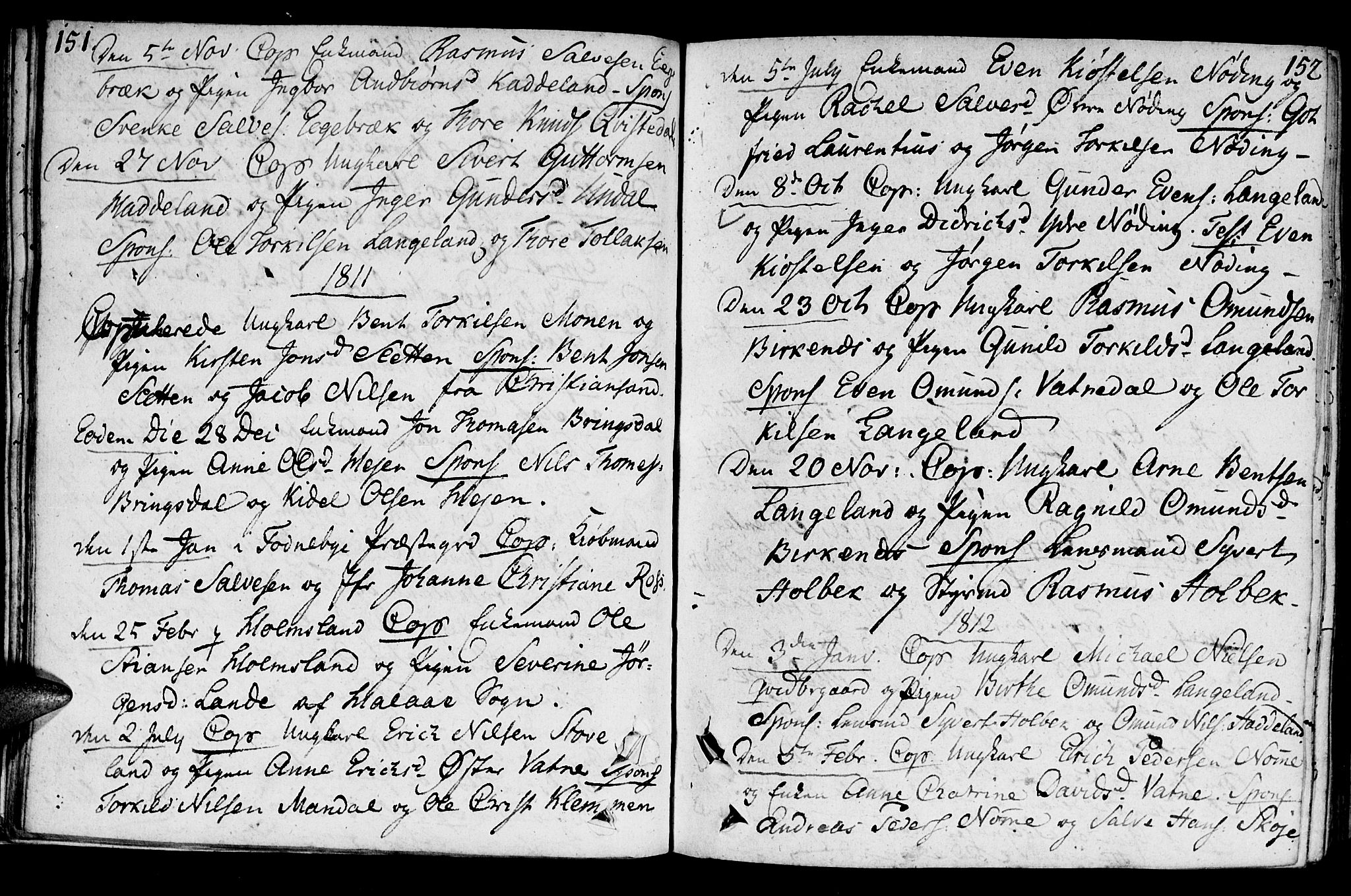 Holum sokneprestkontor, SAK/1111-0022/F/Fa/Faa/L0003: Parish register (official) no. A 3, 1780-1821, p. 151-152