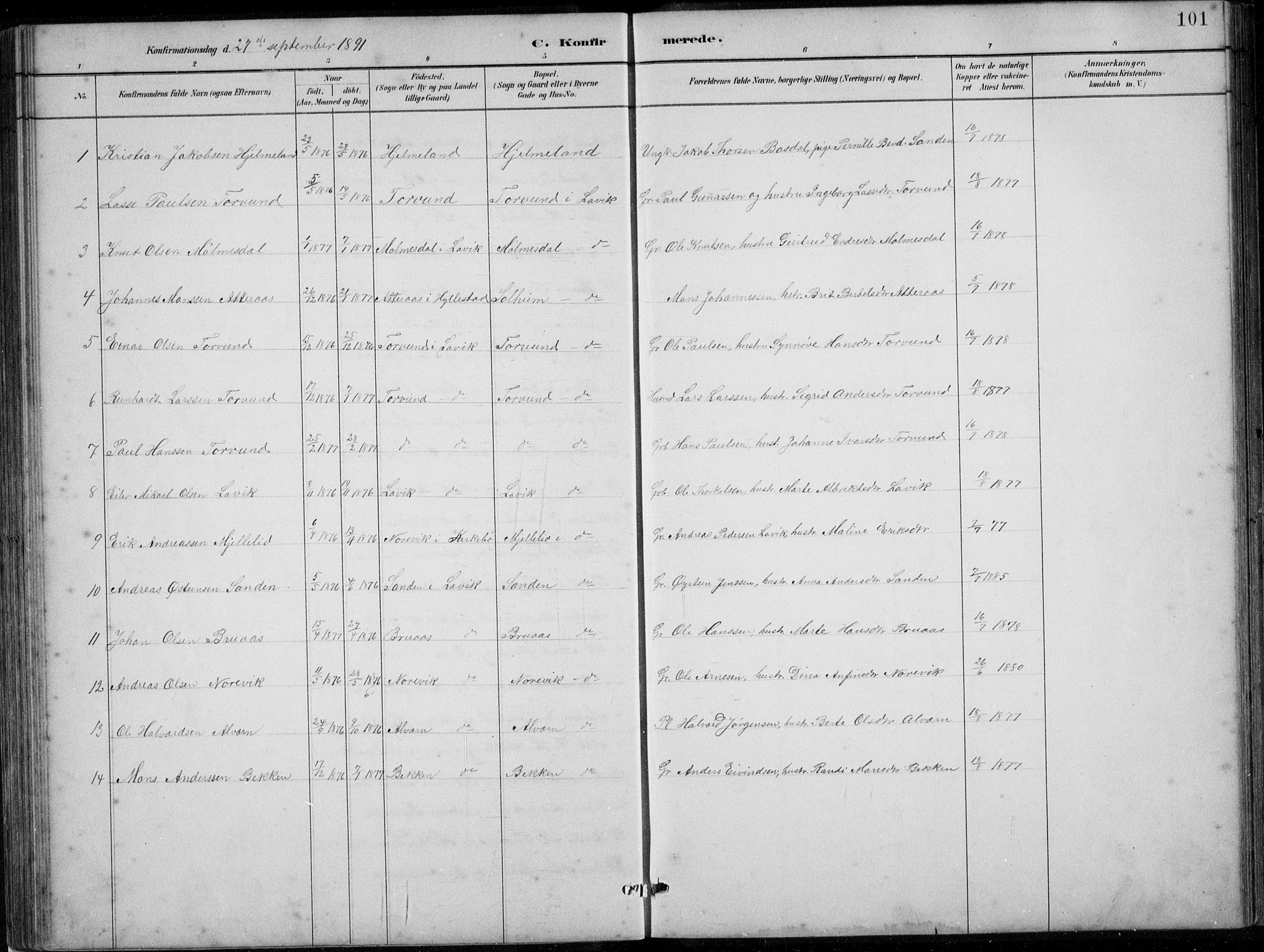 Lavik sokneprestembete, SAB/A-80901: Parish register (copy) no. A 2, 1882-1910, p. 101