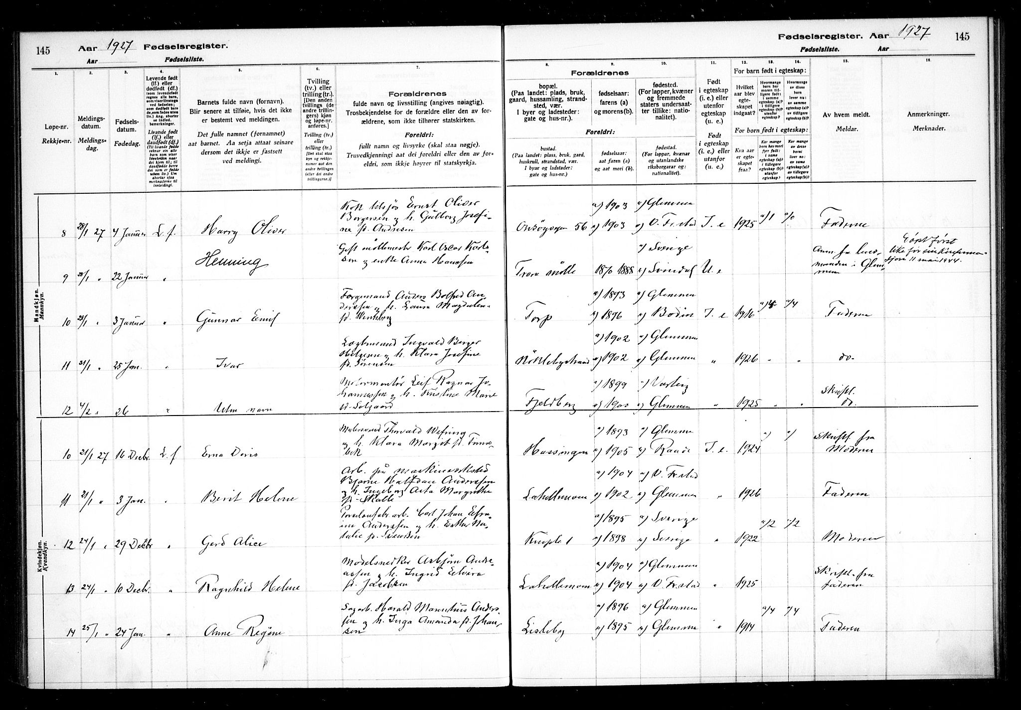 Glemmen prestekontor Kirkebøker, AV/SAO-A-10908/J/Ja/L0002: Birth register no. I 2, 1922-1929, p. 145