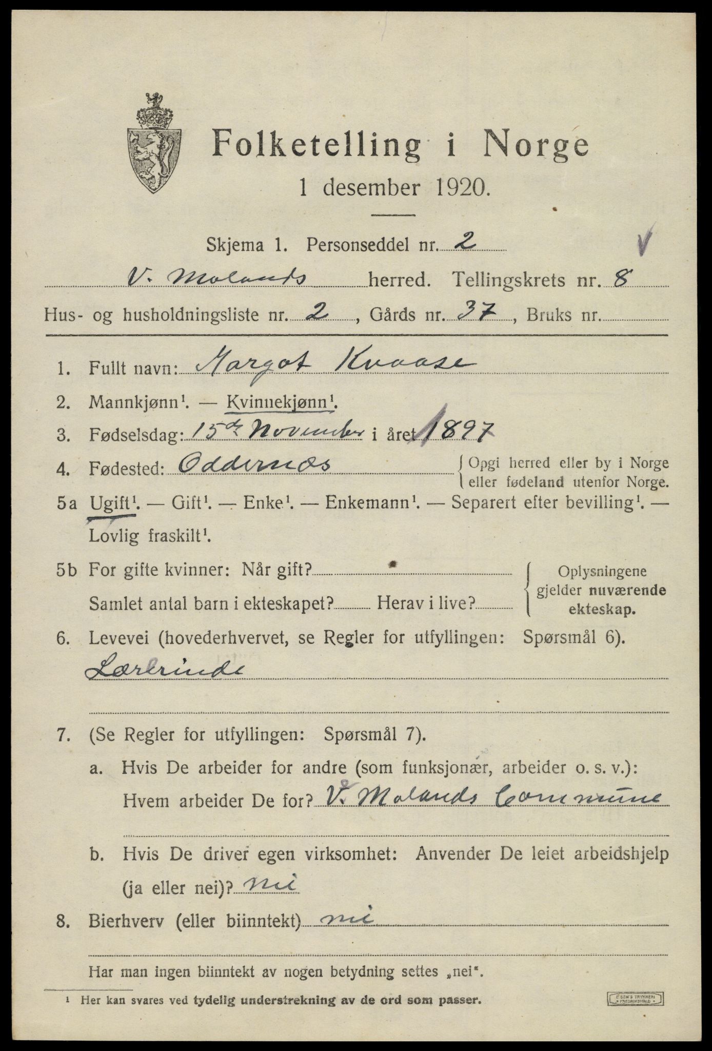 SAK, 1920 census for Vestre Moland, 1920, p. 5227