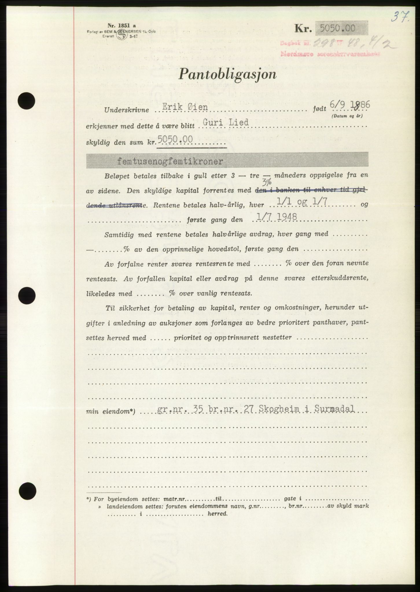 Nordmøre sorenskriveri, AV/SAT-A-4132/1/2/2Ca: Mortgage book no. B98, 1948-1948, Diary no: : 298/1948