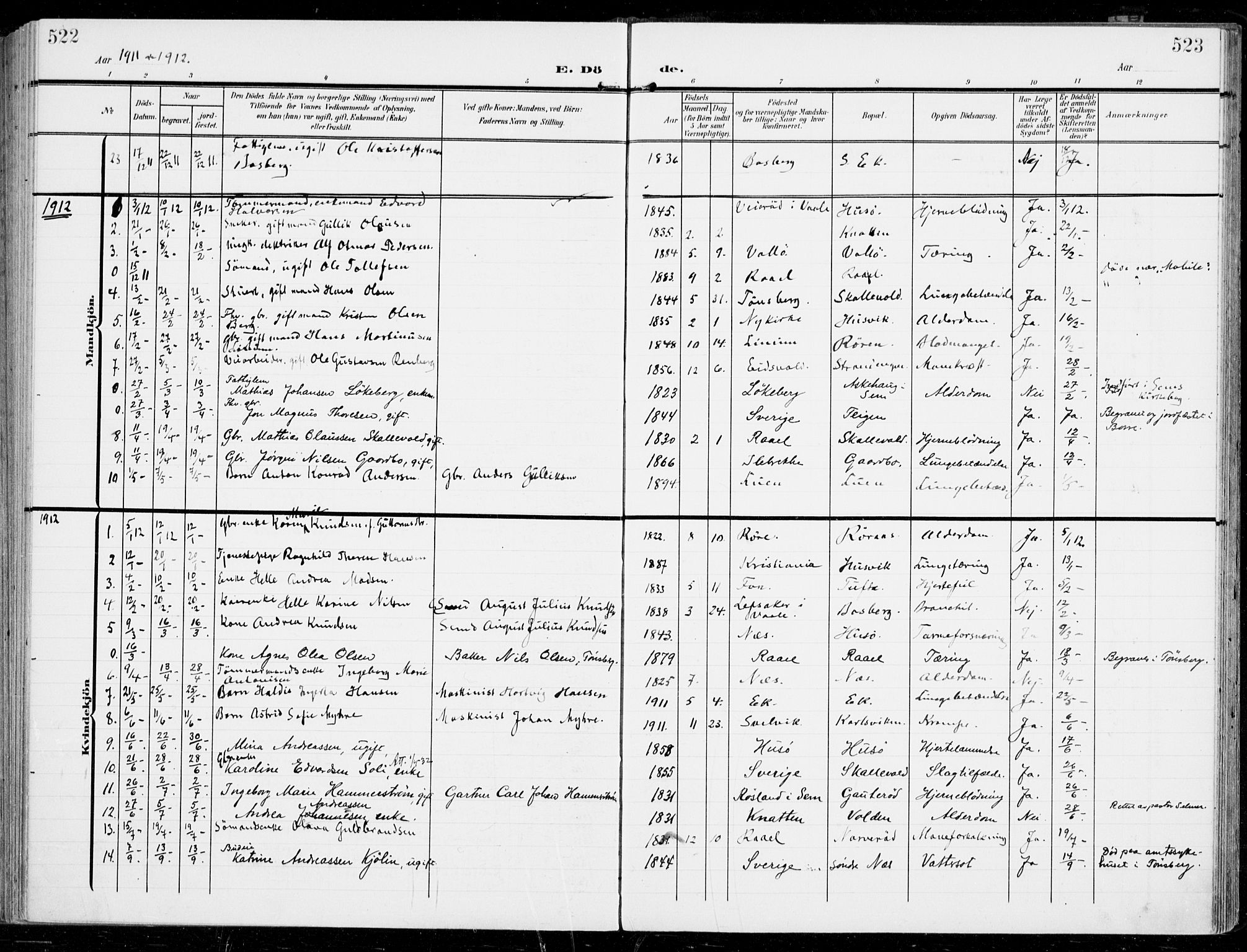 Sem kirkebøker, AV/SAKO-A-5/F/Fb/L0006: Parish register (official) no. II 6, 1905-1918, p. 522-523