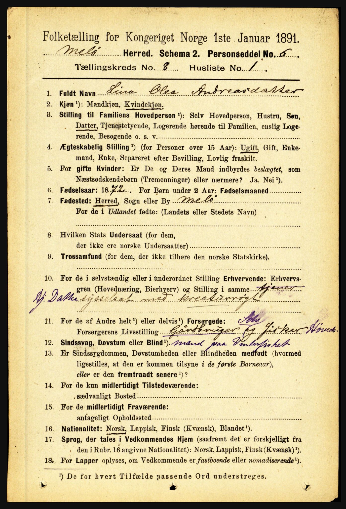 RA, 1891 census for 1837 Meløy, 1891, p. 3321