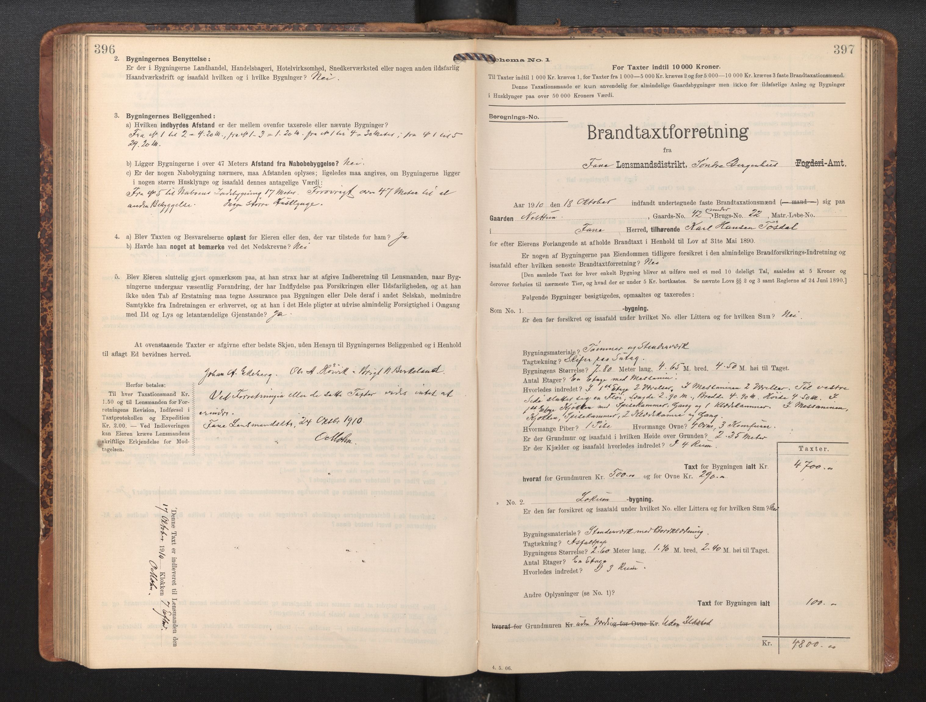 Lensmannen i Fana, SAB/A-31801/0012/L0018: Branntakstprotokoll skjematakst, 1907-1910, p. 396-397