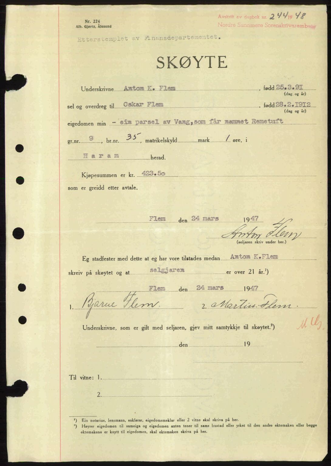 Nordre Sunnmøre sorenskriveri, AV/SAT-A-0006/1/2/2C/2Ca: Mortgage book no. A26, 1947-1948, Diary no: : 244/1948