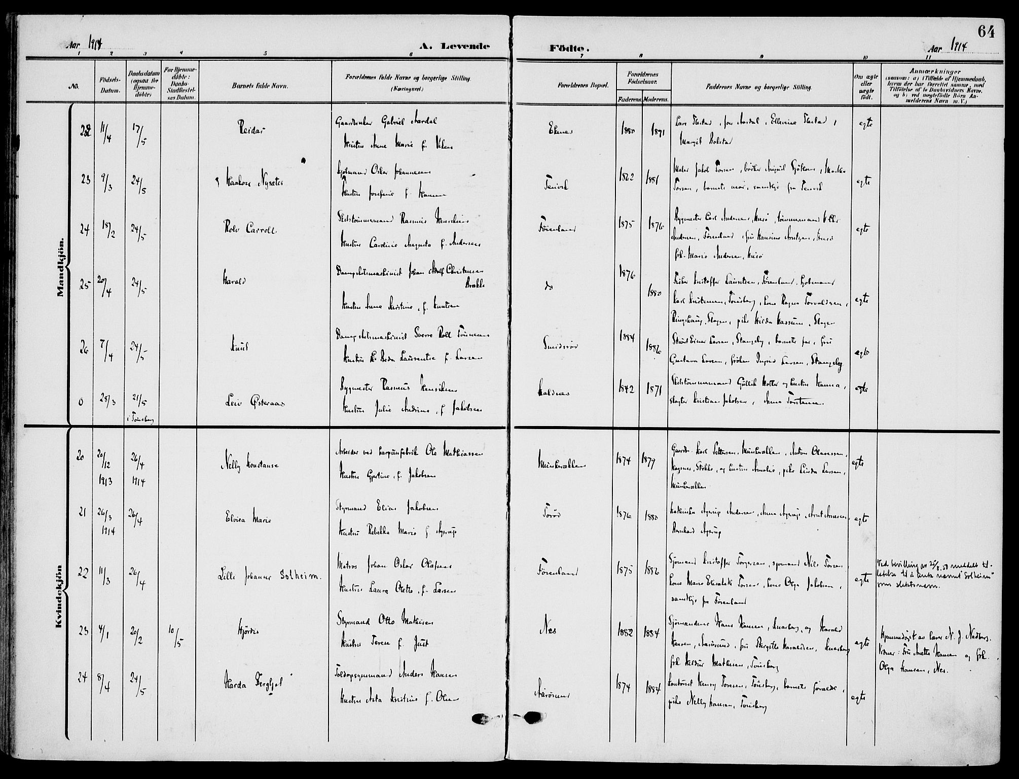 Nøtterøy kirkebøker, AV/SAKO-A-354/F/Fa/L0010: Parish register (official) no. I 10, 1908-1919, p. 64