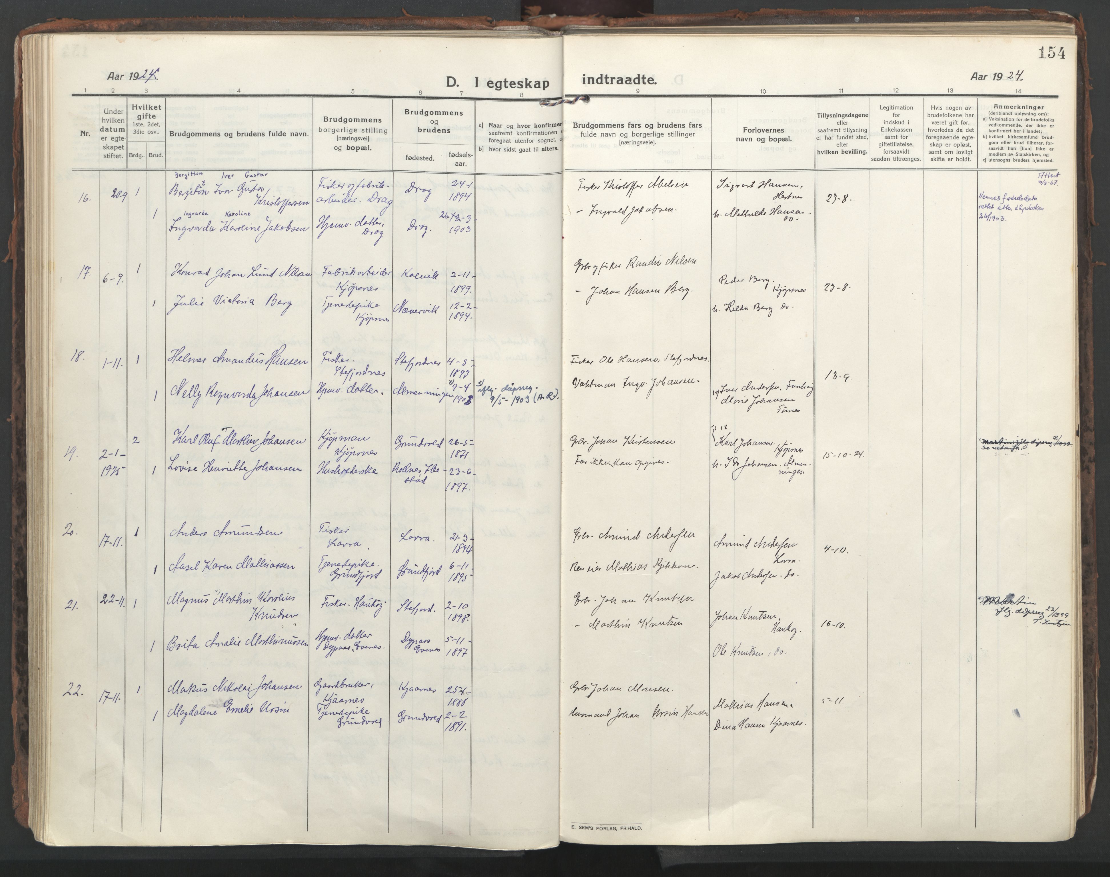 Ministerialprotokoller, klokkerbøker og fødselsregistre - Nordland, AV/SAT-A-1459/861/L0872: Parish register (official) no. 861A07, 1915-1924, p. 154