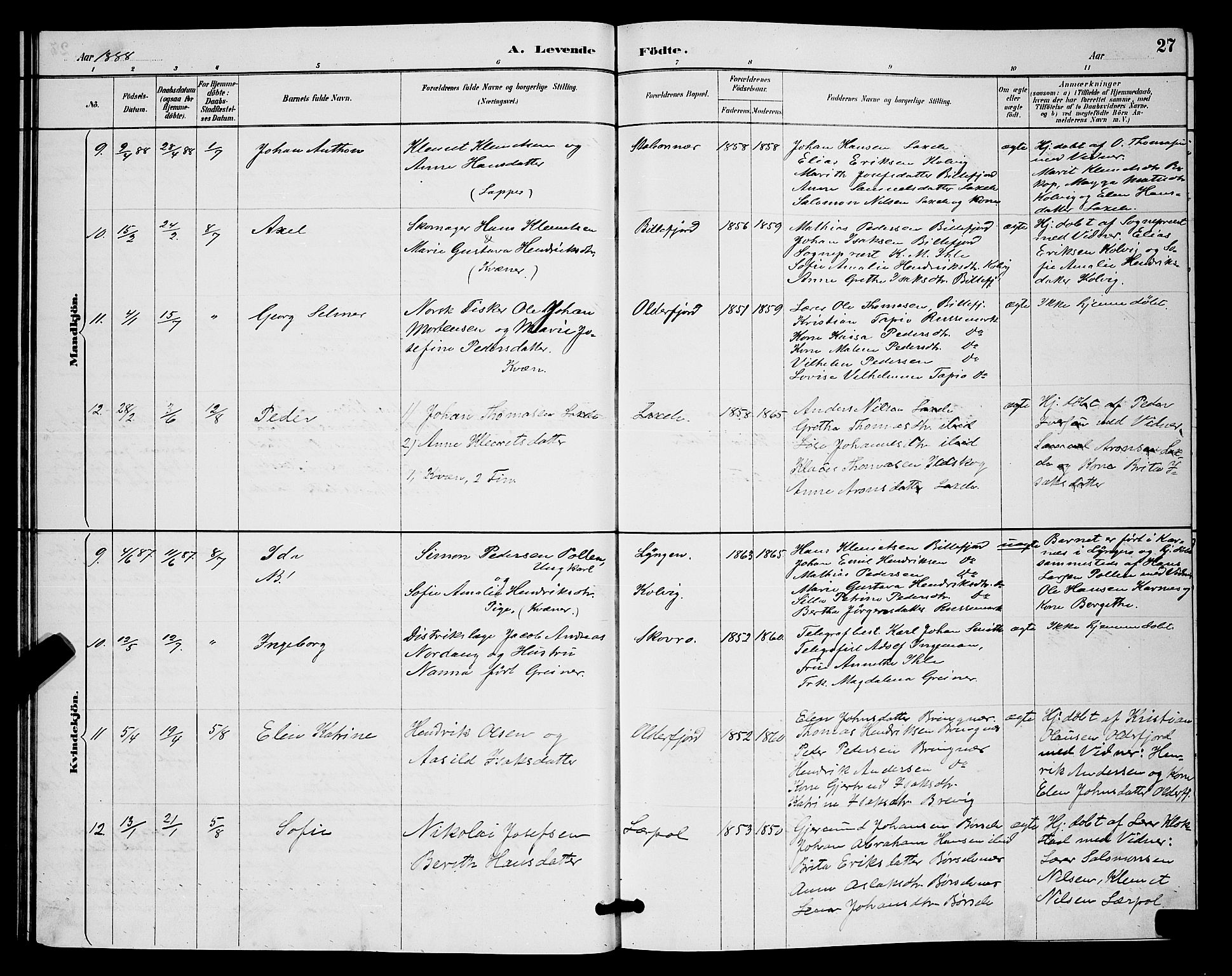 Kistrand/Porsanger sokneprestembete, AV/SATØ-S-1351/H/Hb/L0004.klokk: Parish register (copy) no. 4, 1885-1894, p. 27