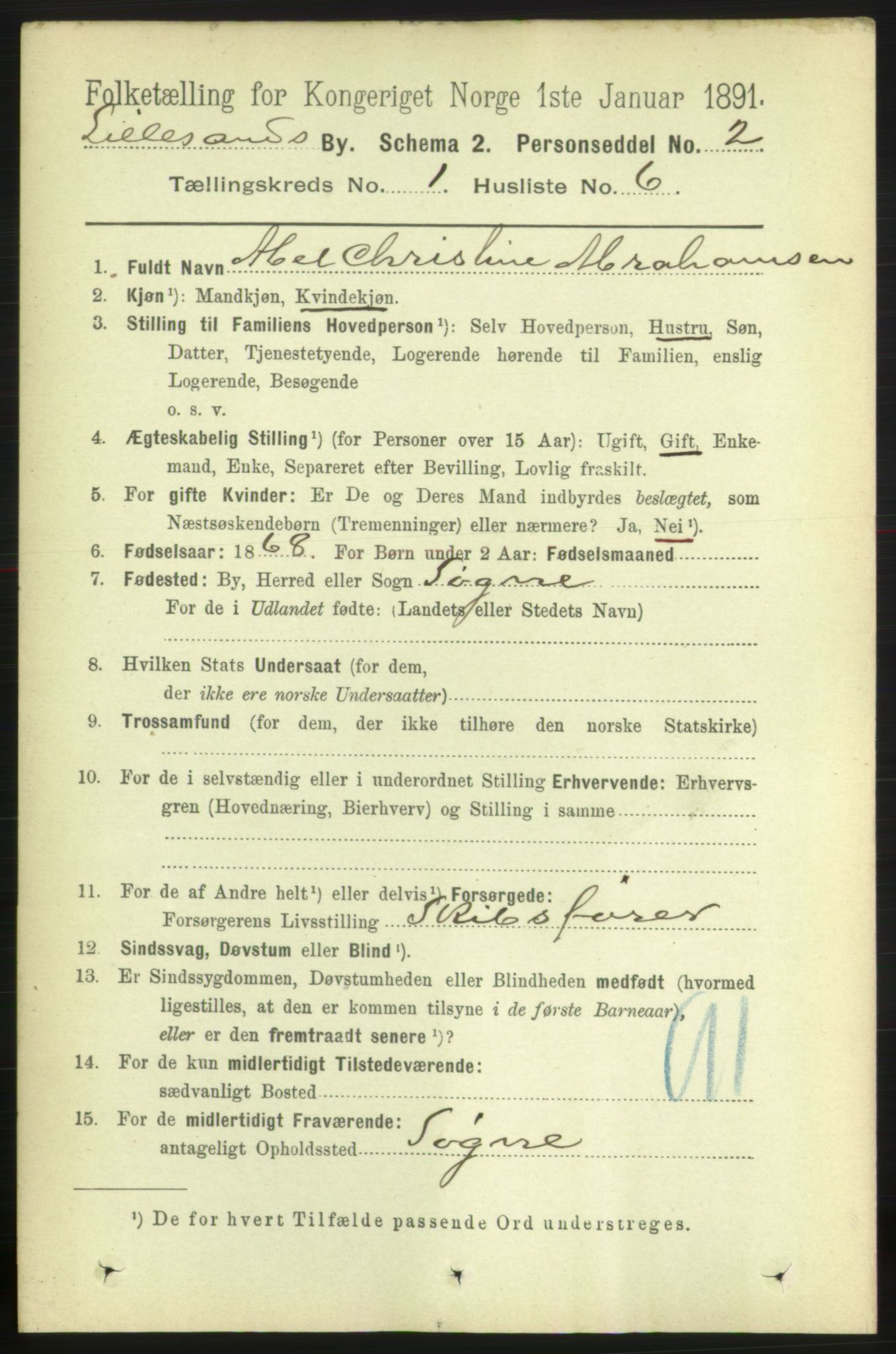 RA, 1891 census for 0905 Lillesand, 1891, p. 50