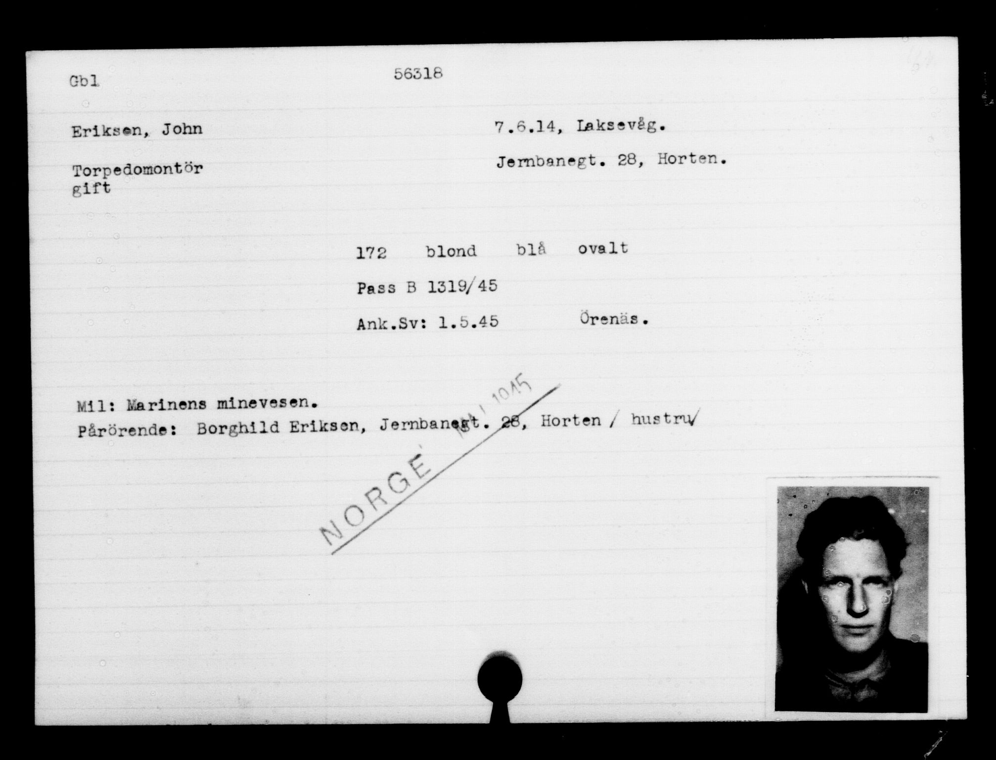 Utenriksstasjonene, Legasjonen i Stockholm, Flyktningkontoret, AV/RA-S-6753/V/Va/L0020: Kjesäterkartoteket, flyktninger med registreringsnr. 55000-58245, 1940-1945, p. 1317