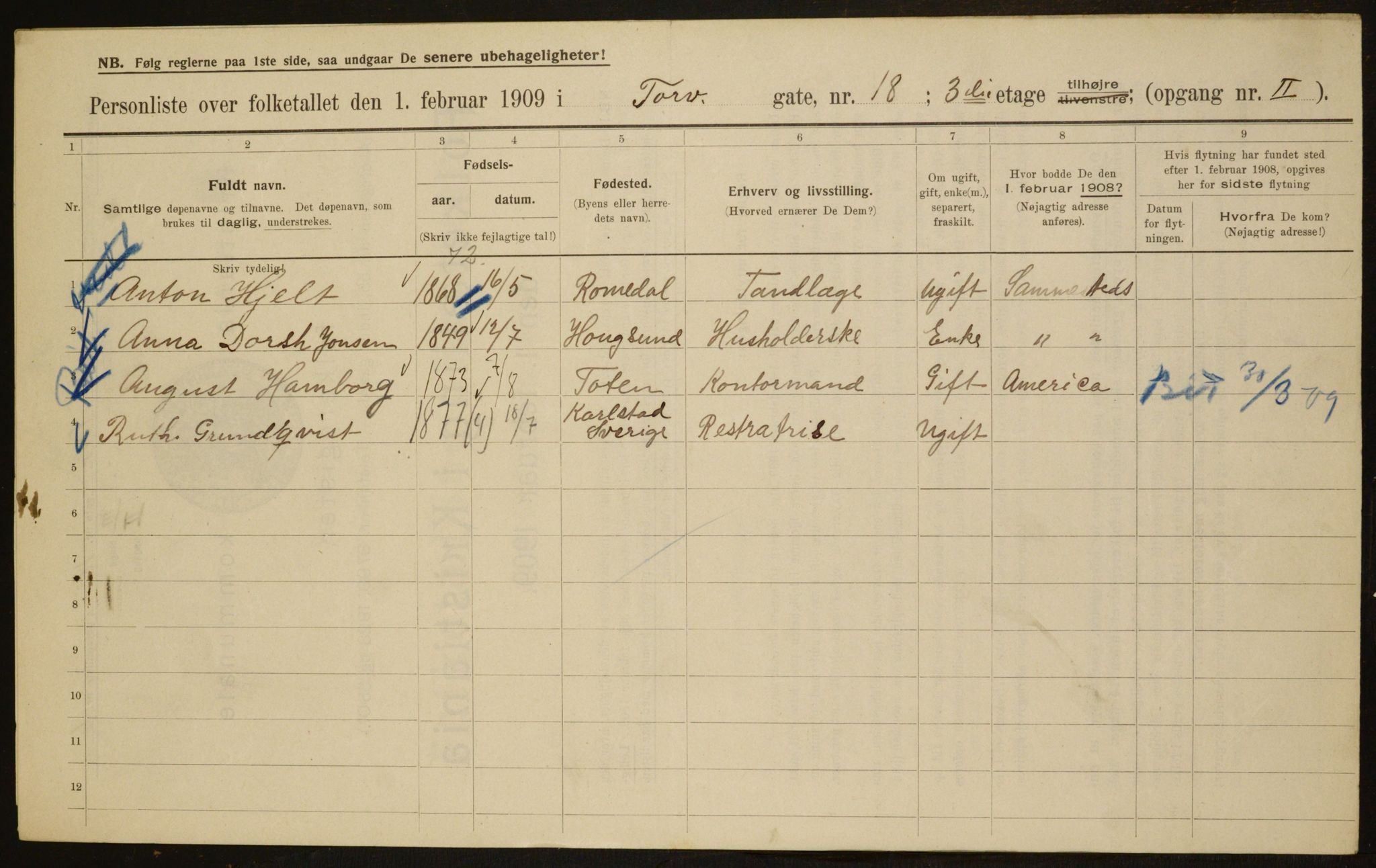 OBA, Municipal Census 1909 for Kristiania, 1909, p. 103440