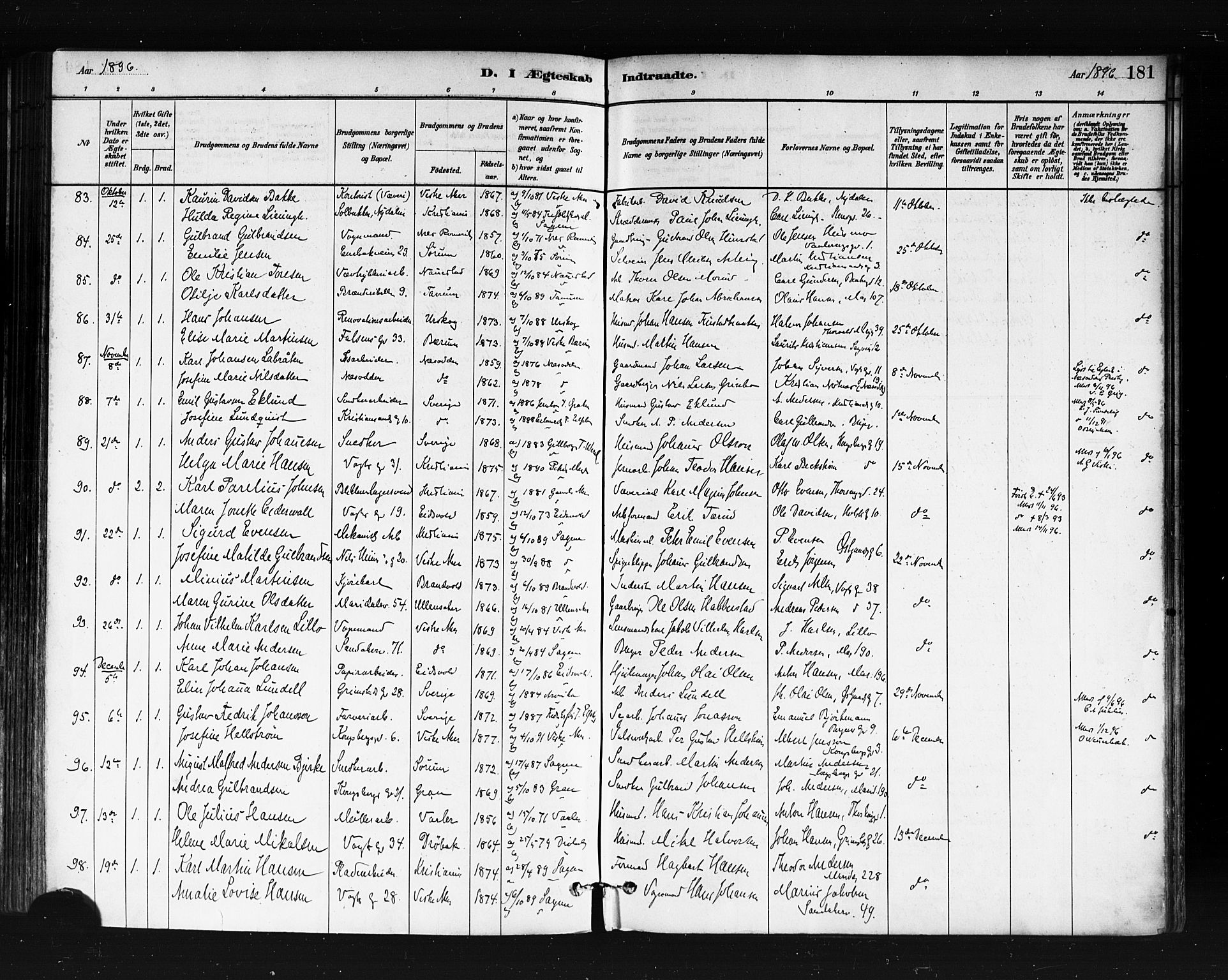 Sagene prestekontor Kirkebøker, SAO/A-10796/F/L0002: Parish register (official) no. 2, 1880-1897, p. 181
