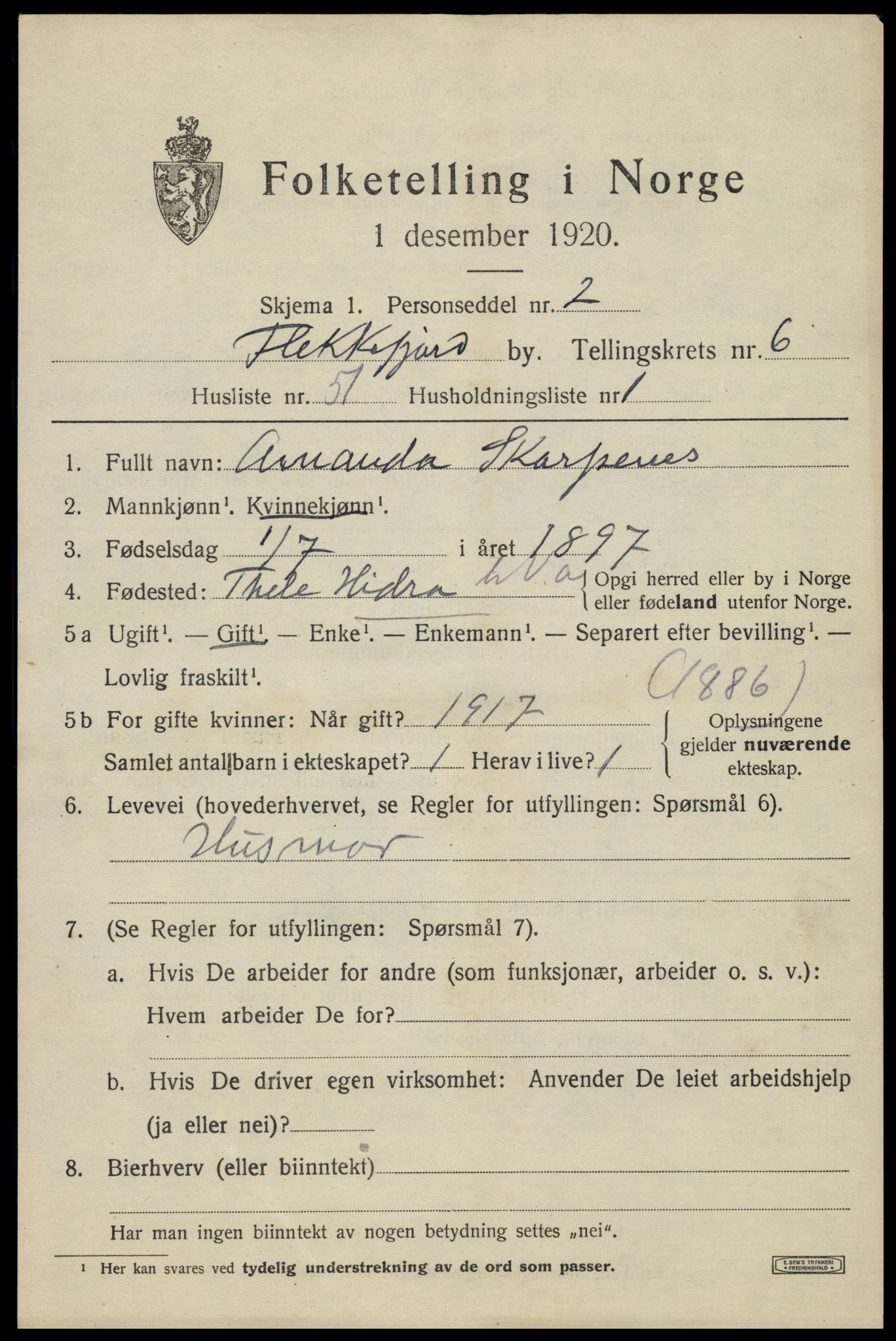 SAK, 1920 census for Flekkefjord, 1920, p. 6384
