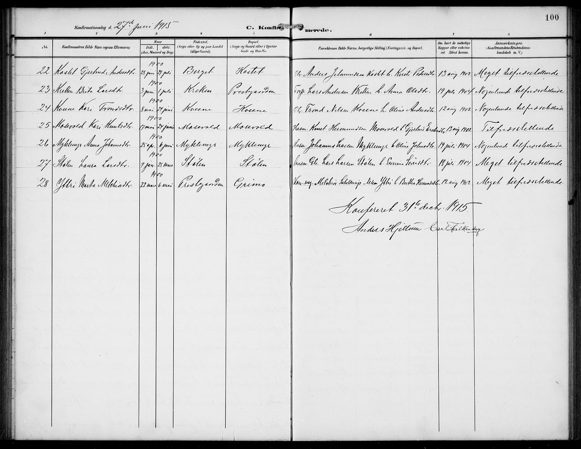 Jostedal sokneprestembete, AV/SAB-A-80601/H/Hab/Haba/L0002: Parish register (copy) no. A 2, 1907-1931, p. 100