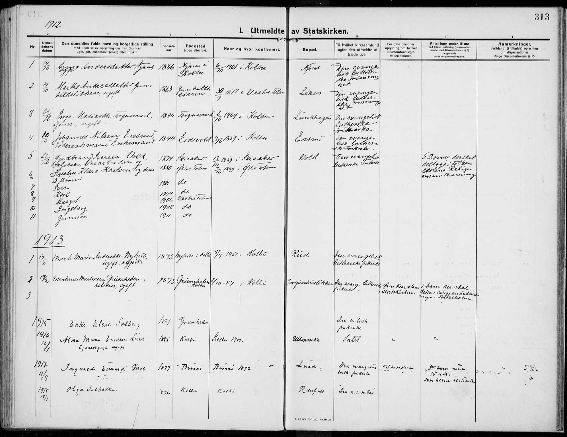 Kolbu prestekontor, SAH/PREST-110/H/Ha/Haa/L0002: Parish register (official) no. 2, 1912-1926, p. 313