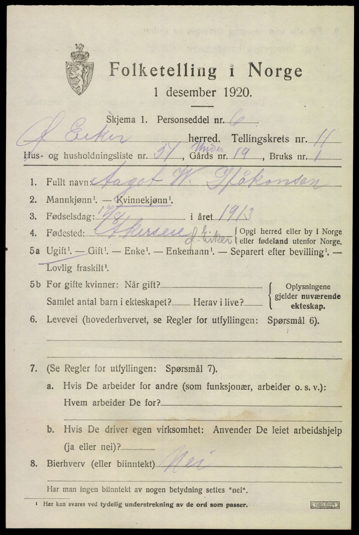 SAKO, 1920 census for Øvre Eiker, 1920, p. 17836