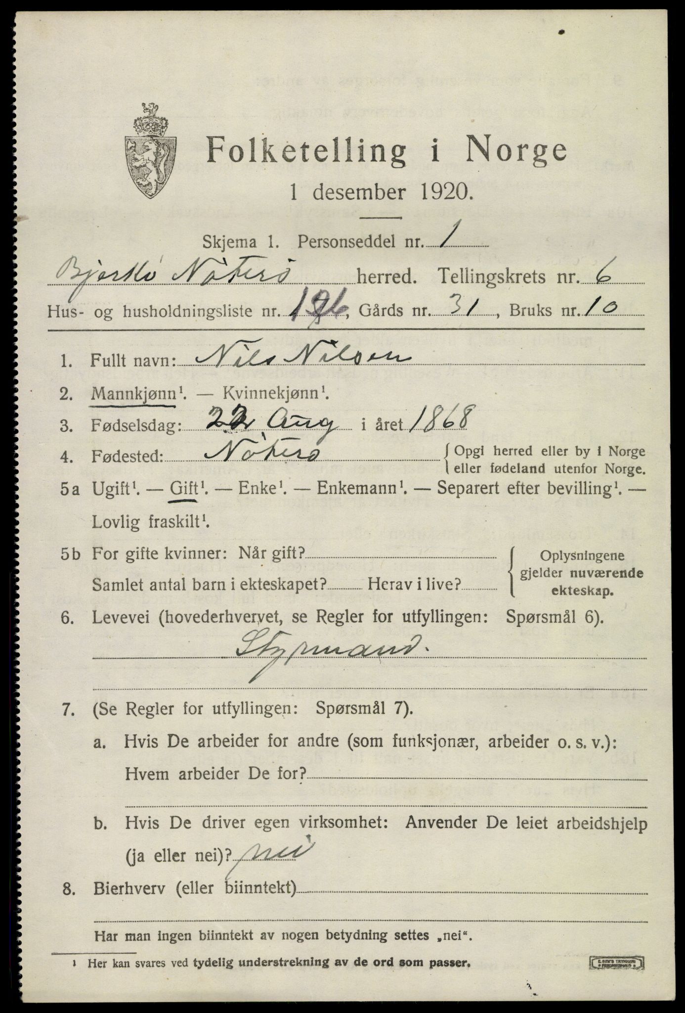SAKO, 1920 census for Nøtterøy, 1920, p. 9447
