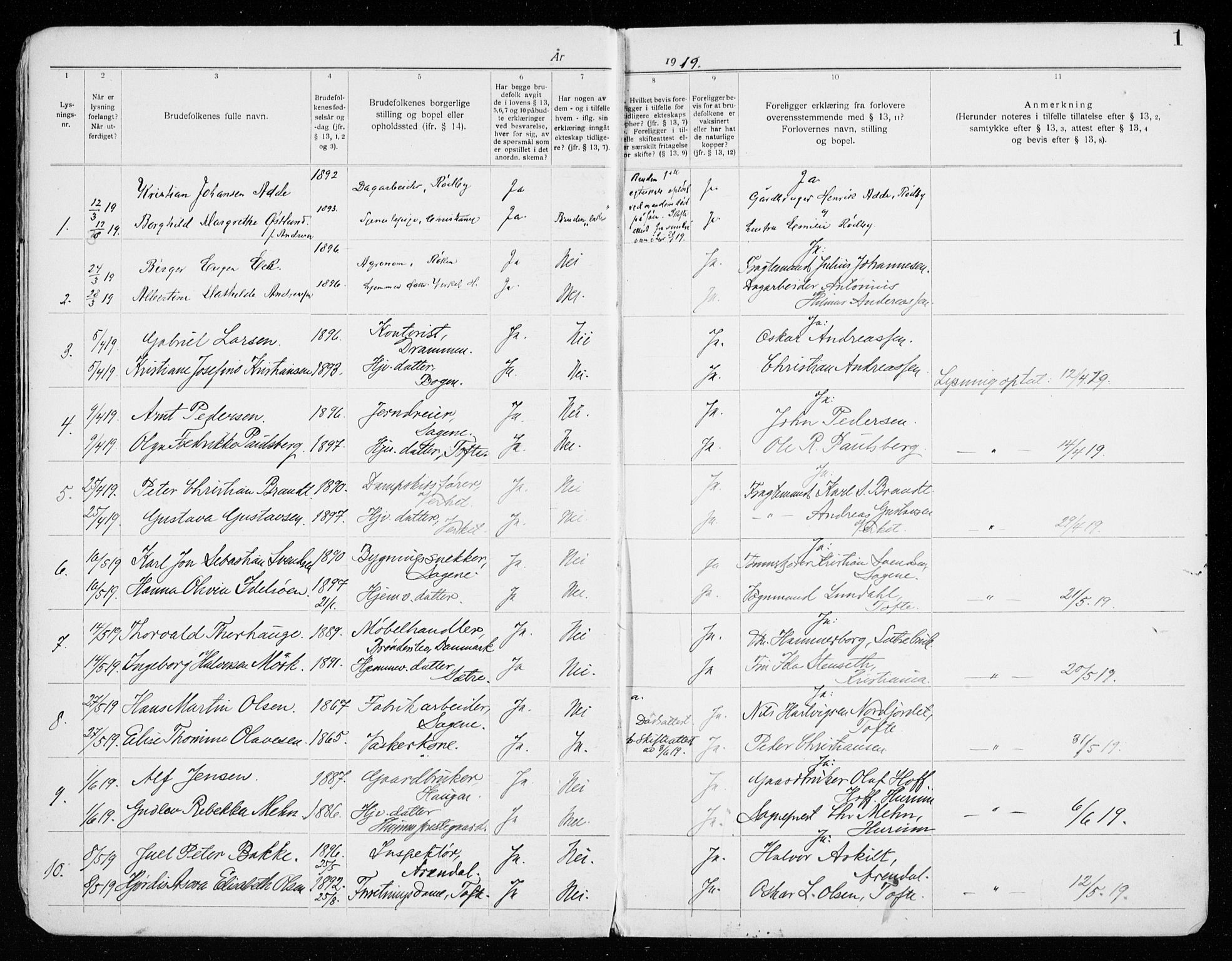 Hurum kirkebøker, SAKO/A-229/H/Ha/L0001: Banns register no. 1, 1919-1941, p. 1
