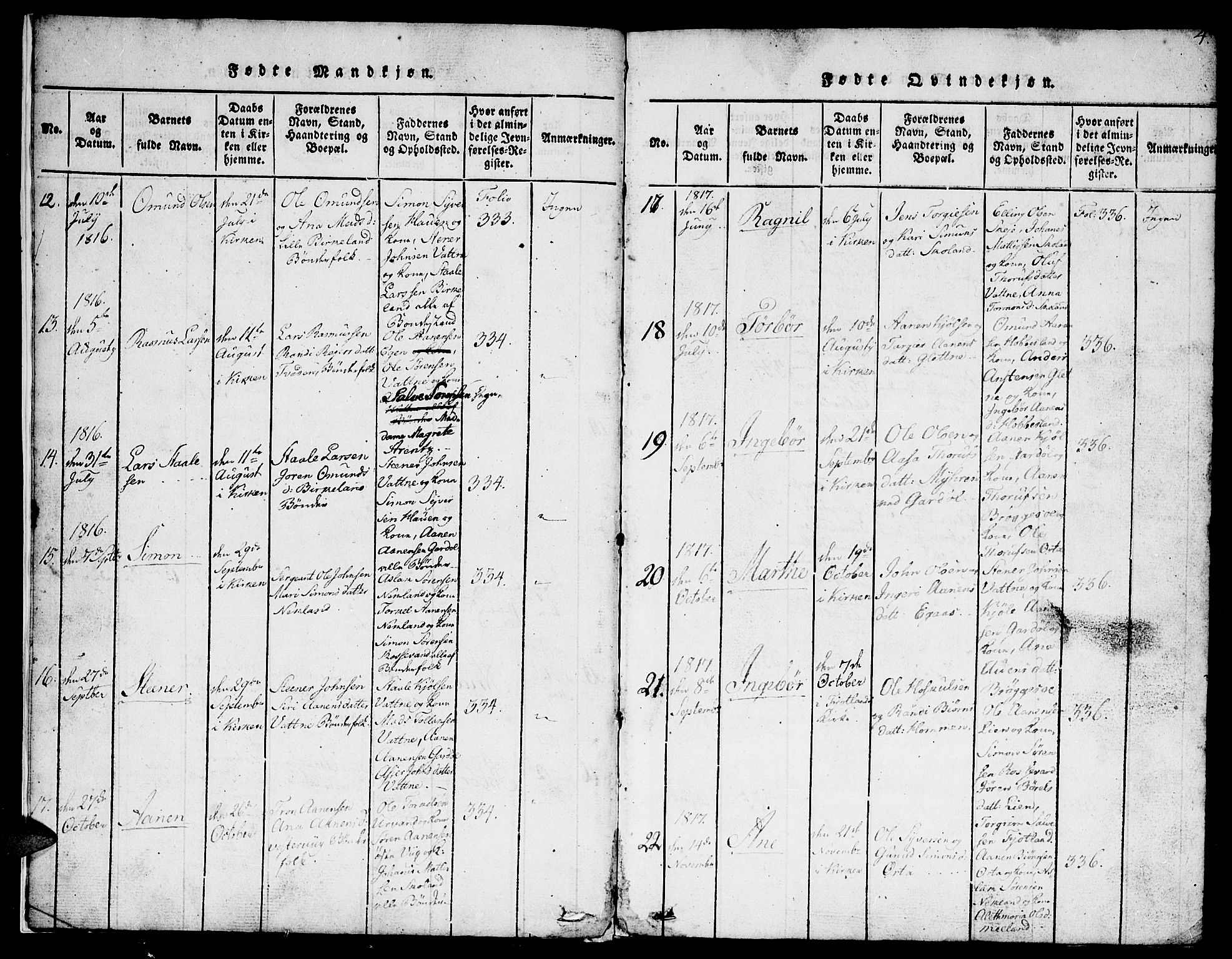 Hægebostad sokneprestkontor, AV/SAK-1111-0024/F/Fb/Fbb/L0001: Parish register (copy) no. B 1, 1816-1850, p. 4