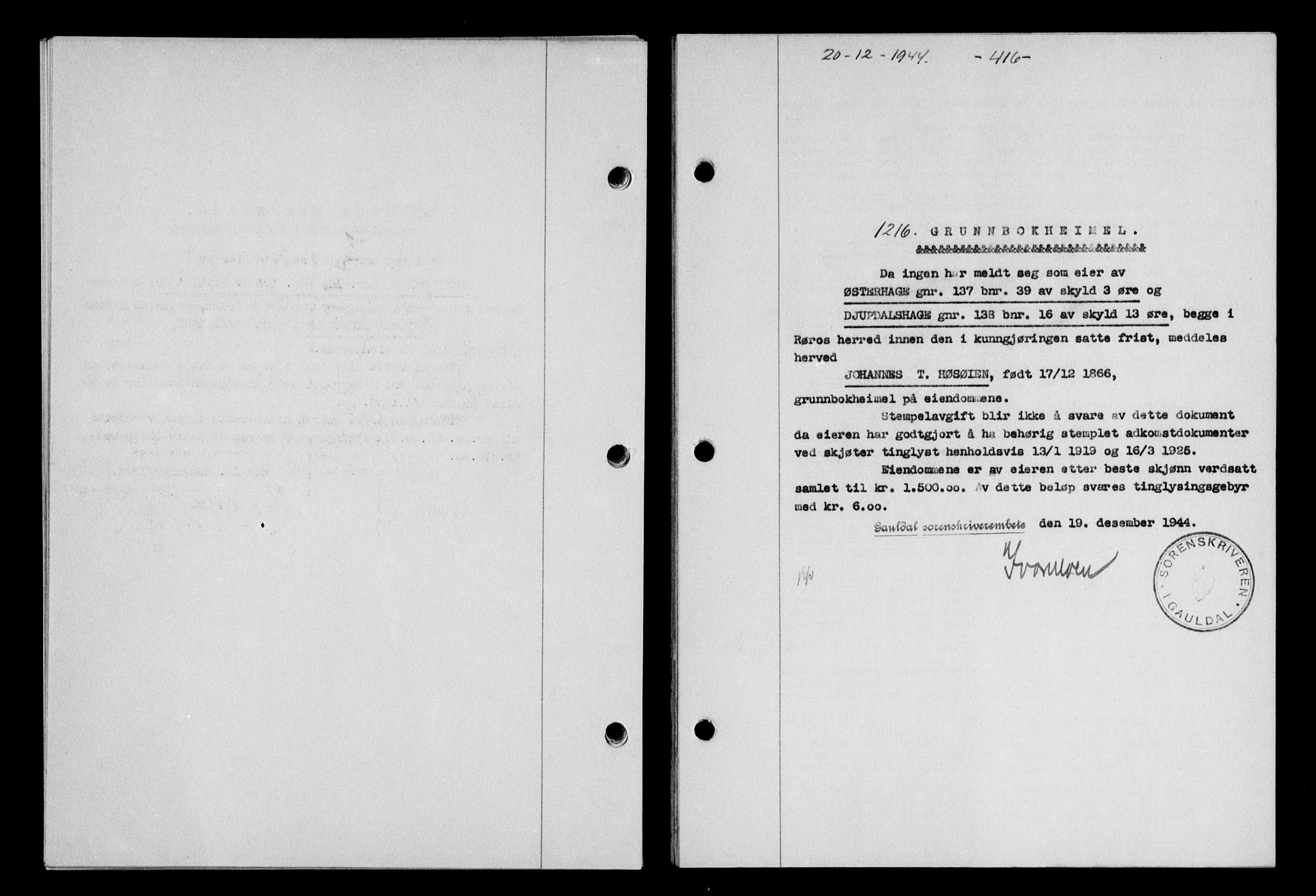 Gauldal sorenskriveri, SAT/A-0014/1/2/2C/L0058: Mortgage book no. 63, 1944-1945, Diary no: : 1216/1944