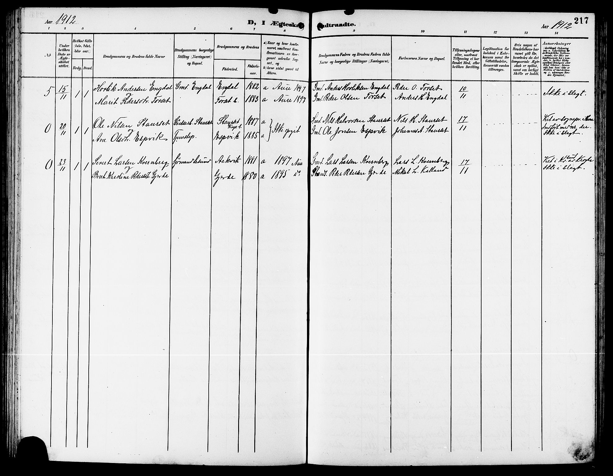 Ministerialprotokoller, klokkerbøker og fødselsregistre - Møre og Romsdal, AV/SAT-A-1454/578/L0910: Parish register (copy) no. 578C03, 1900-1921, p. 217