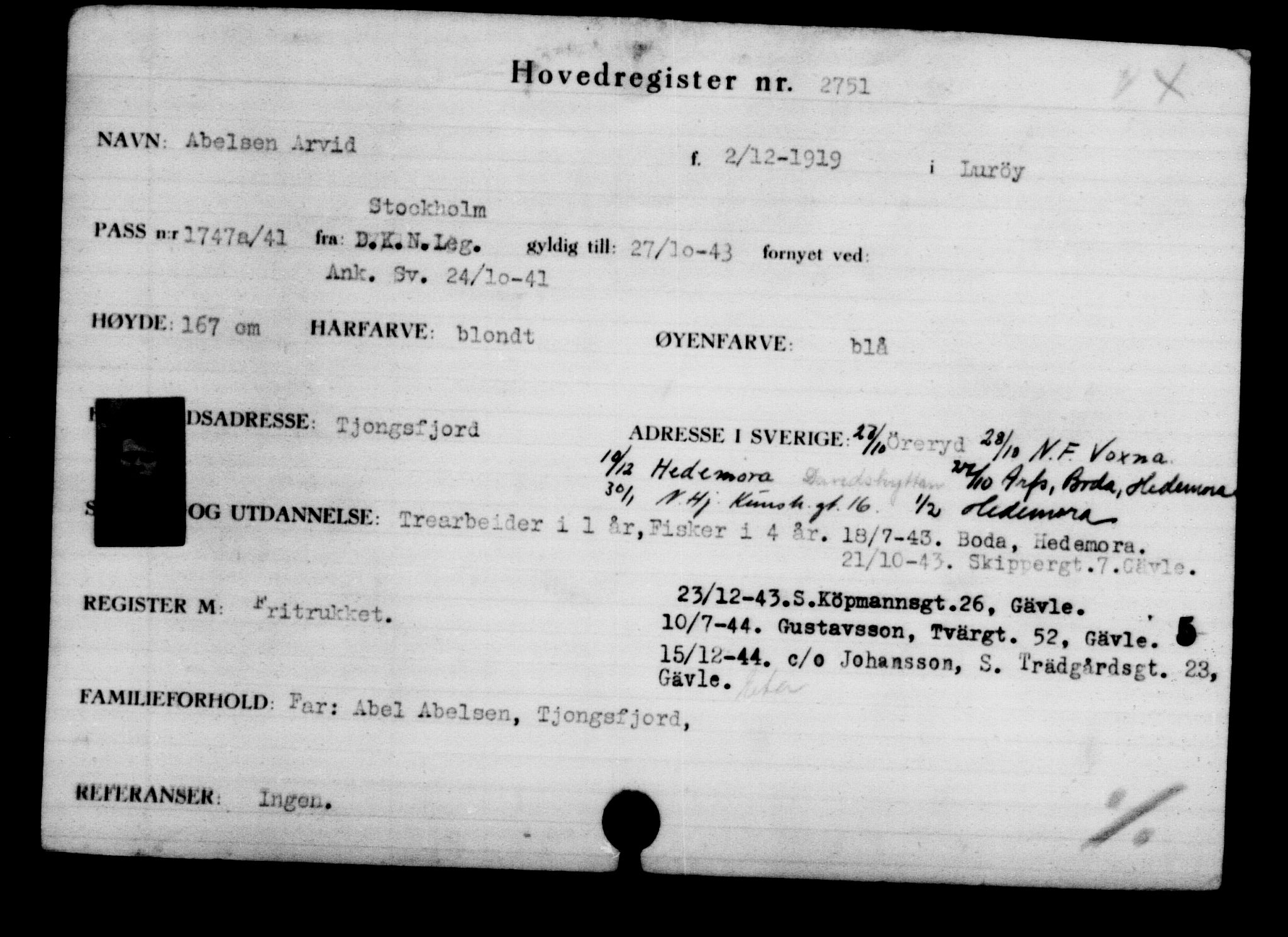 Utenriksstasjonene, Legasjonen i Stockholm, Flyktningkontoret, AV/RA-S-6753/V/Va/L0003: Kjesäterkartoteket, flyktninger med registreringsnr. 2001-3495, 1940-1945, p. 1137