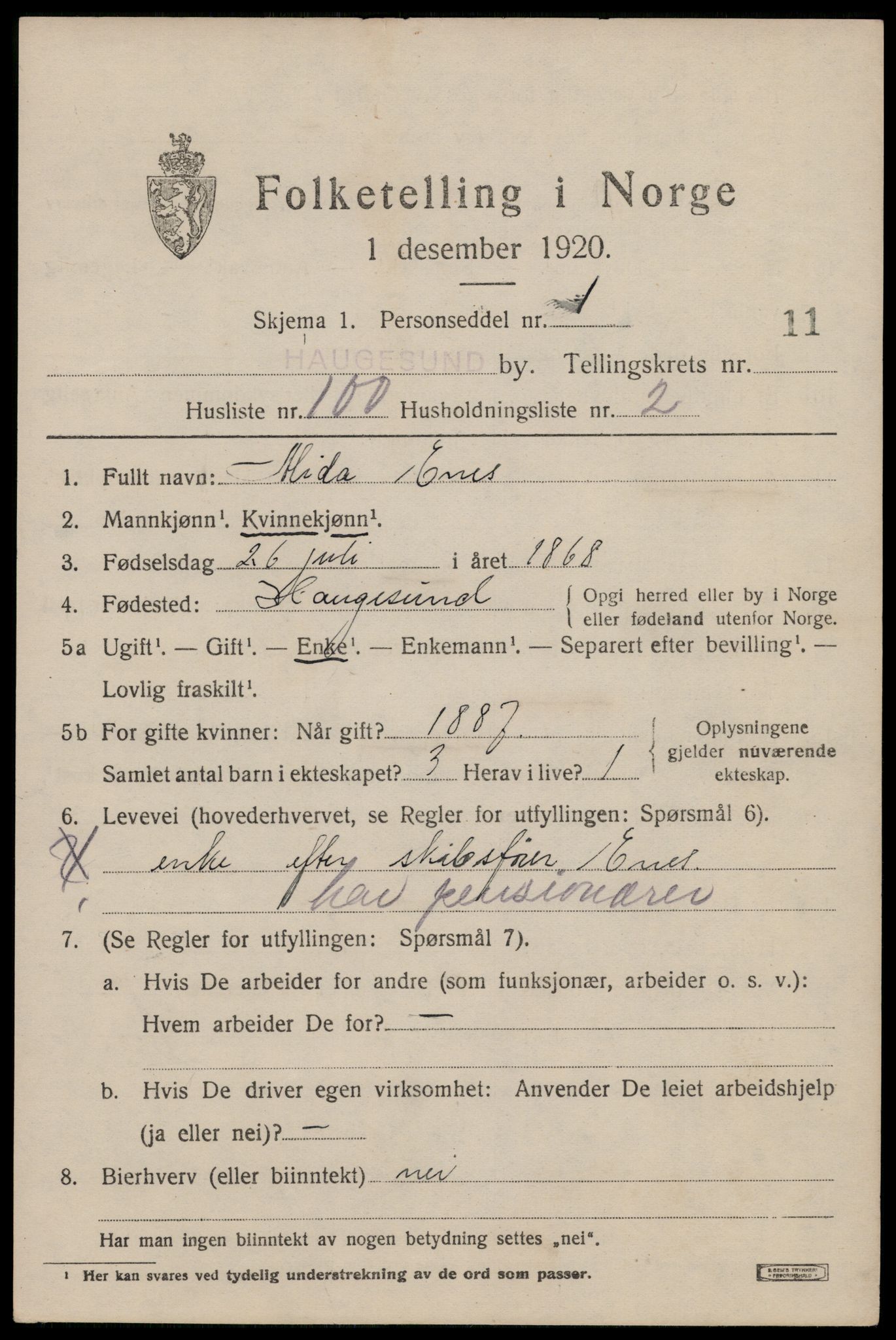 SAST, 1920 census for Haugesund, 1920, p. 37975