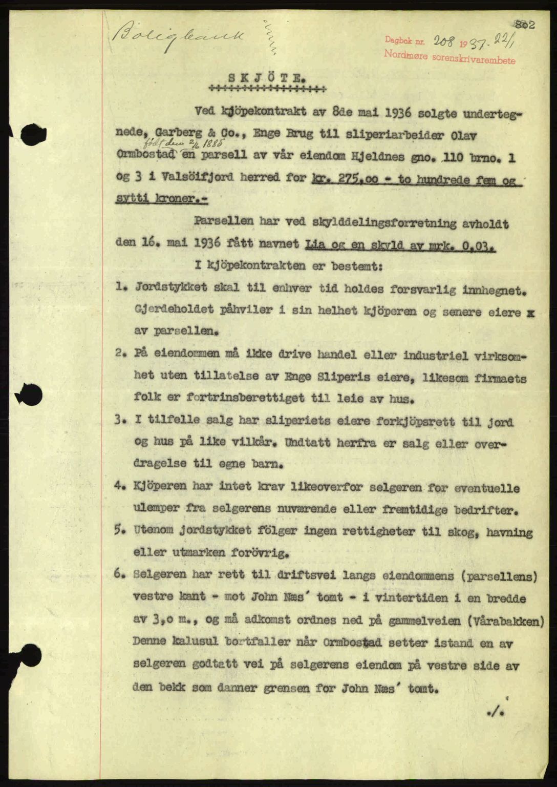 Nordmøre sorenskriveri, AV/SAT-A-4132/1/2/2Ca: Mortgage book no. A80, 1936-1937, Diary no: : 208/1937