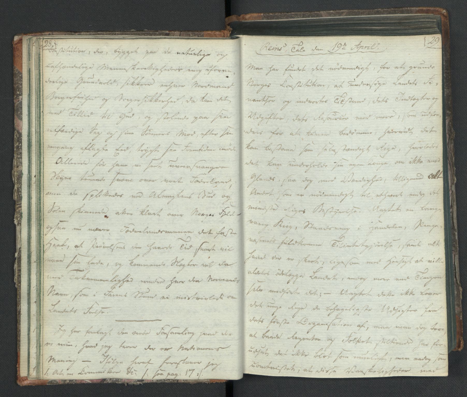 Manuskriptsamlingen, RA/EA-3667/H/L0021: Byfogd Gregers Winther Wulfbergs dagbok under Riksforsamlingen på Eidsvoll, 1814, p. 28-29
