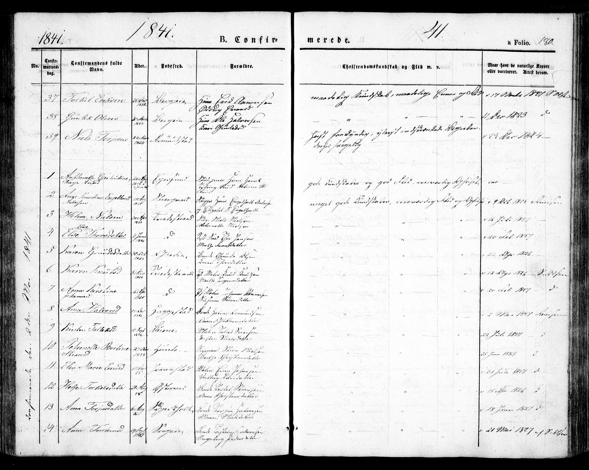 Holt sokneprestkontor, AV/SAK-1111-0021/F/Fa/L0007: Parish register (official) no. A 7, 1836-1848, p. 180