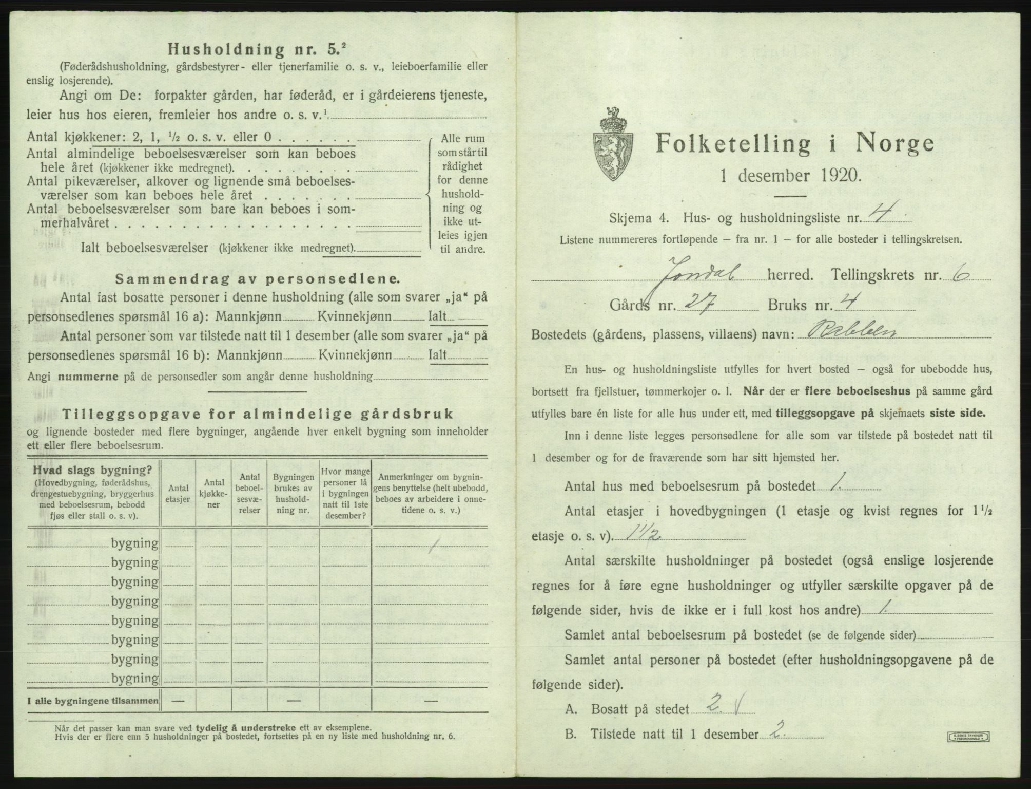 SAB, 1920 census for Jondal, 1920, p. 420