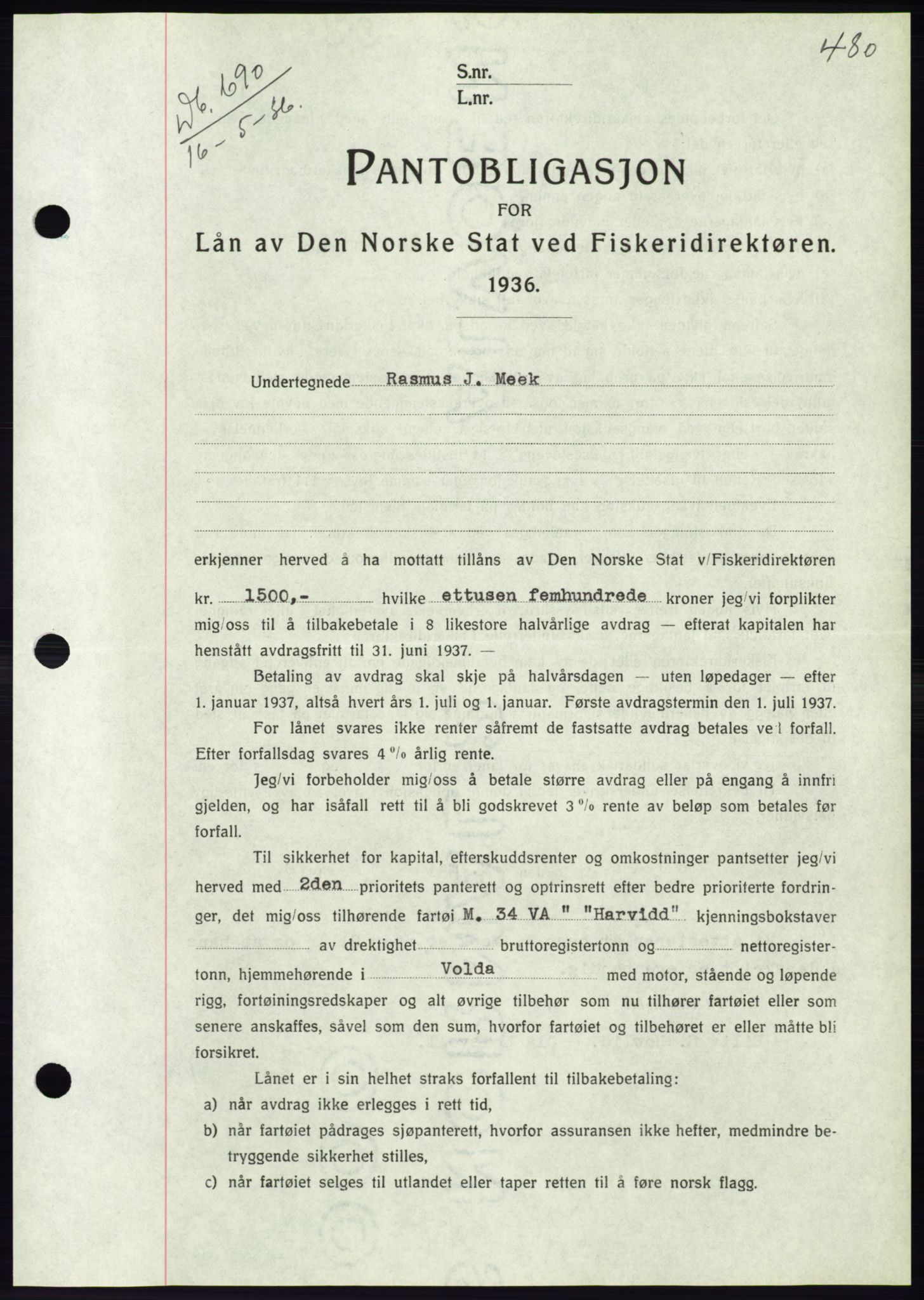 Søre Sunnmøre sorenskriveri, AV/SAT-A-4122/1/2/2C/L0060: Mortgage book no. 54, 1935-1936, Deed date: 16.05.1936