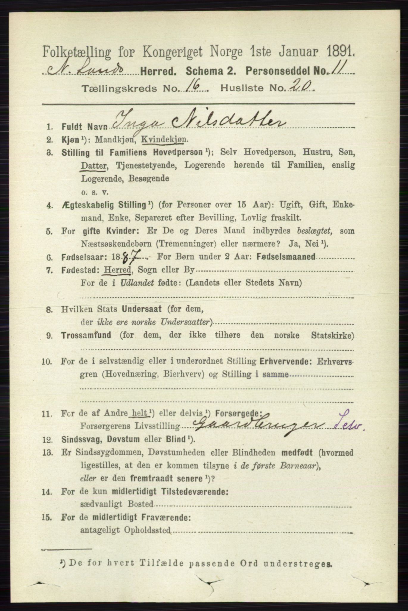 RA, 1891 census for 0538 Nordre Land, 1891, p. 4251