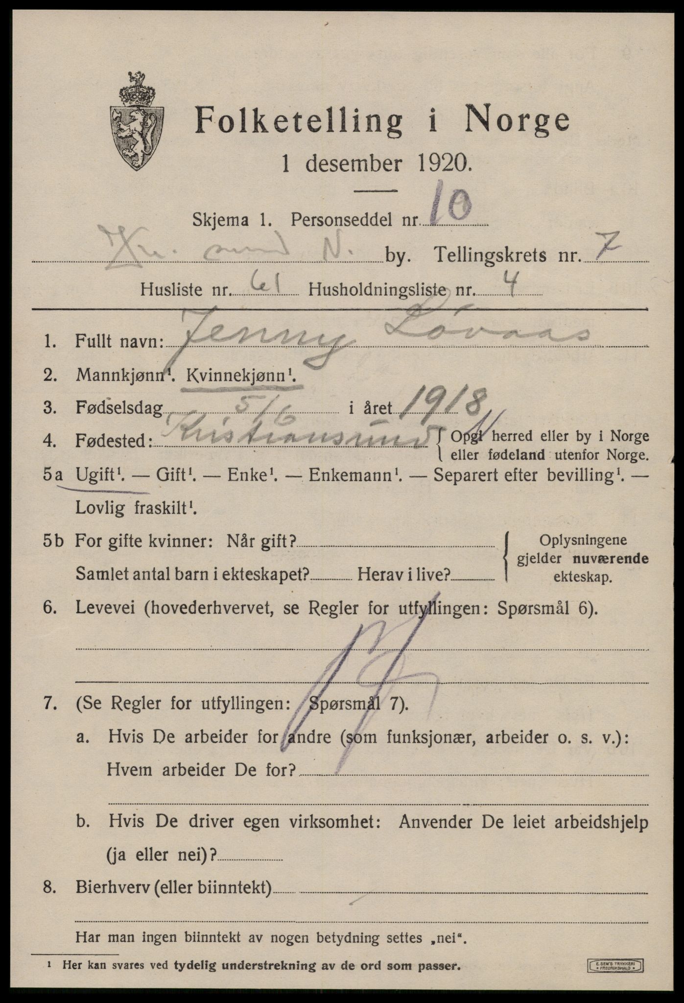 SAT, 1920 census for Kristiansund, 1920, p. 19831