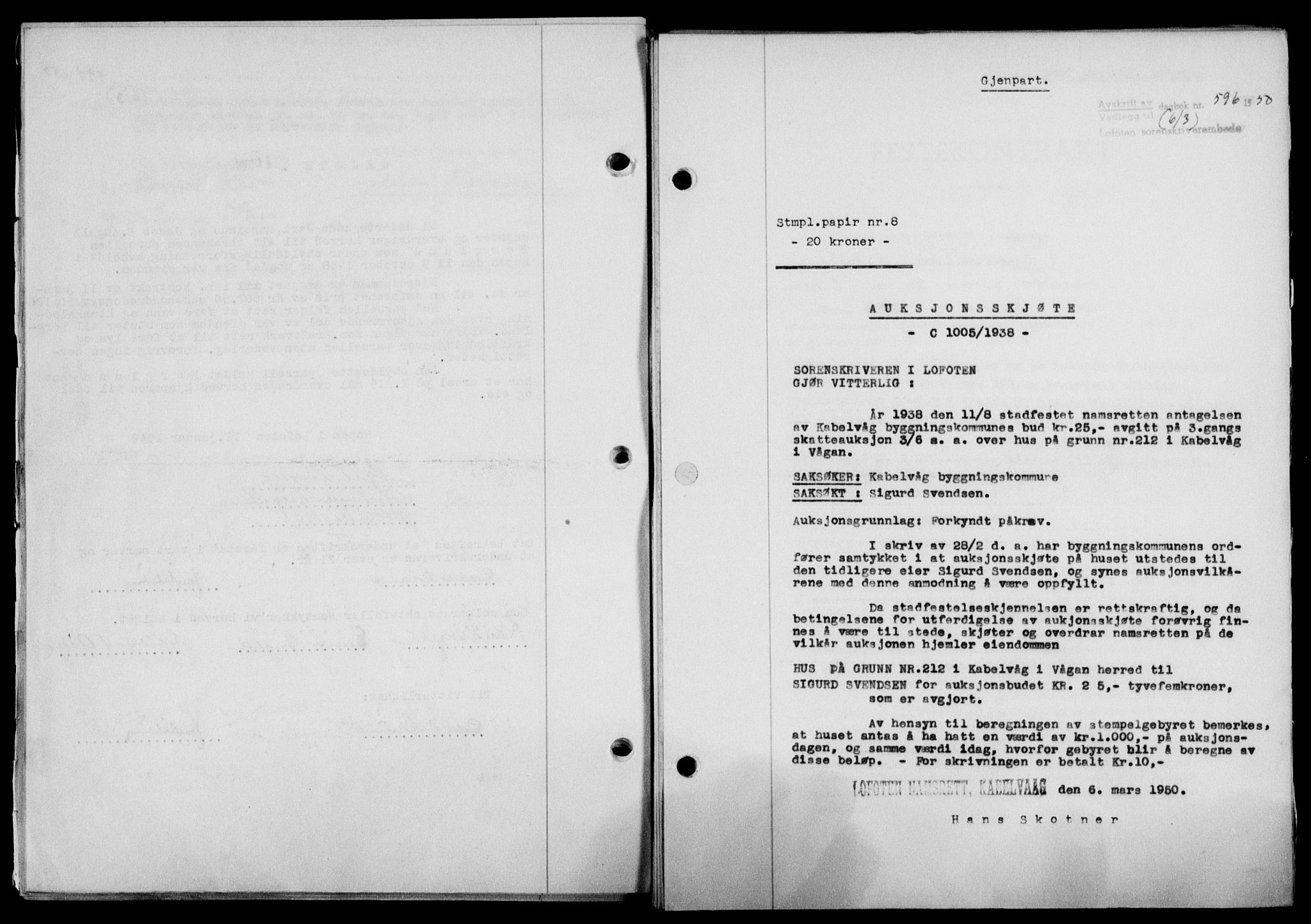 Lofoten sorenskriveri, SAT/A-0017/1/2/2C/L0023a: Mortgage book no. 23a, 1950-1950, Diary no: : 596/1950