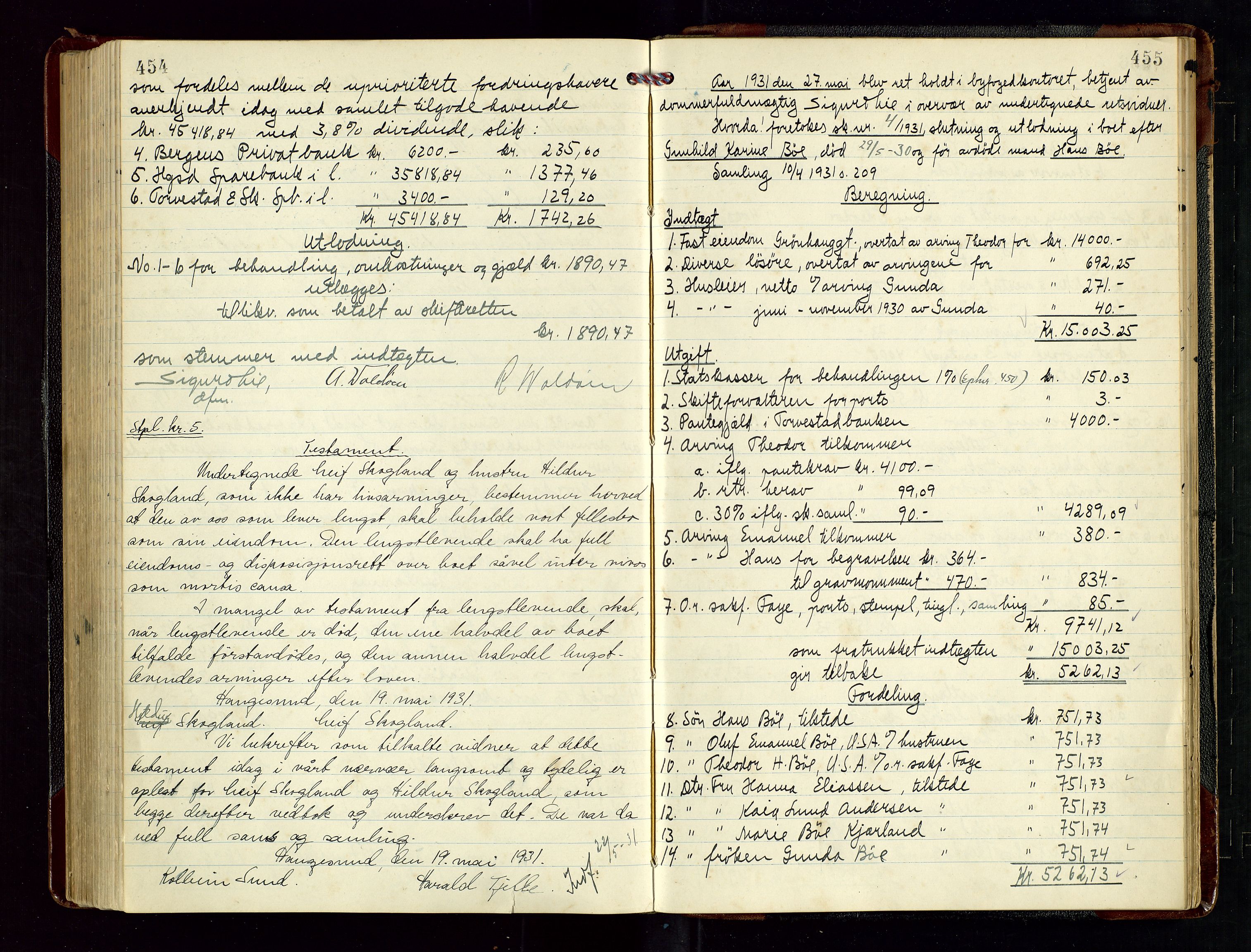 Haugesund tingrett, AV/SAST-A-101415/01/IV/IVD/L0004: Skifteutlodningsprotokoll, med register, 1924-1931, p. 454-455