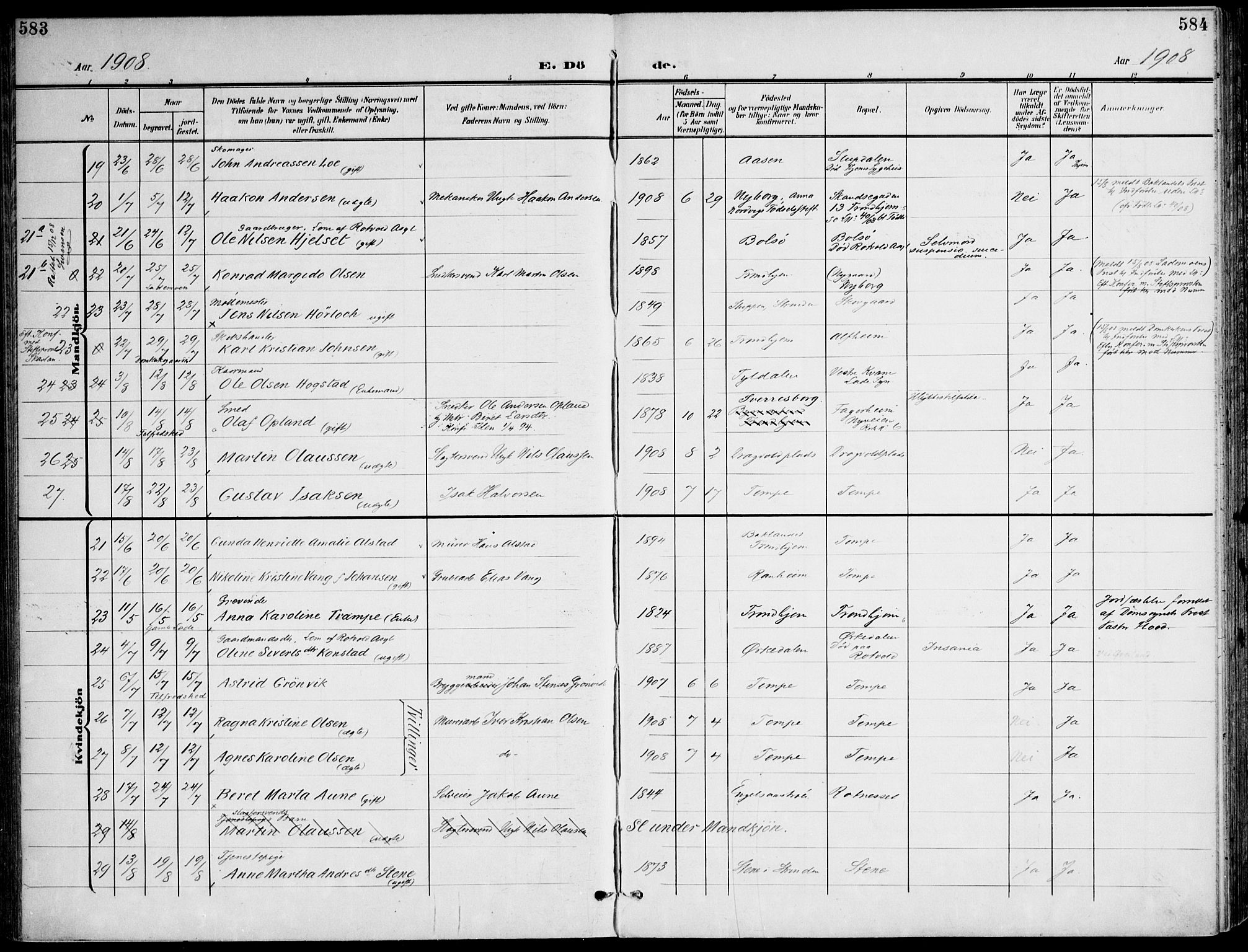 Ministerialprotokoller, klokkerbøker og fødselsregistre - Sør-Trøndelag, AV/SAT-A-1456/607/L0320: Parish register (official) no. 607A04, 1907-1915, p. 583-584