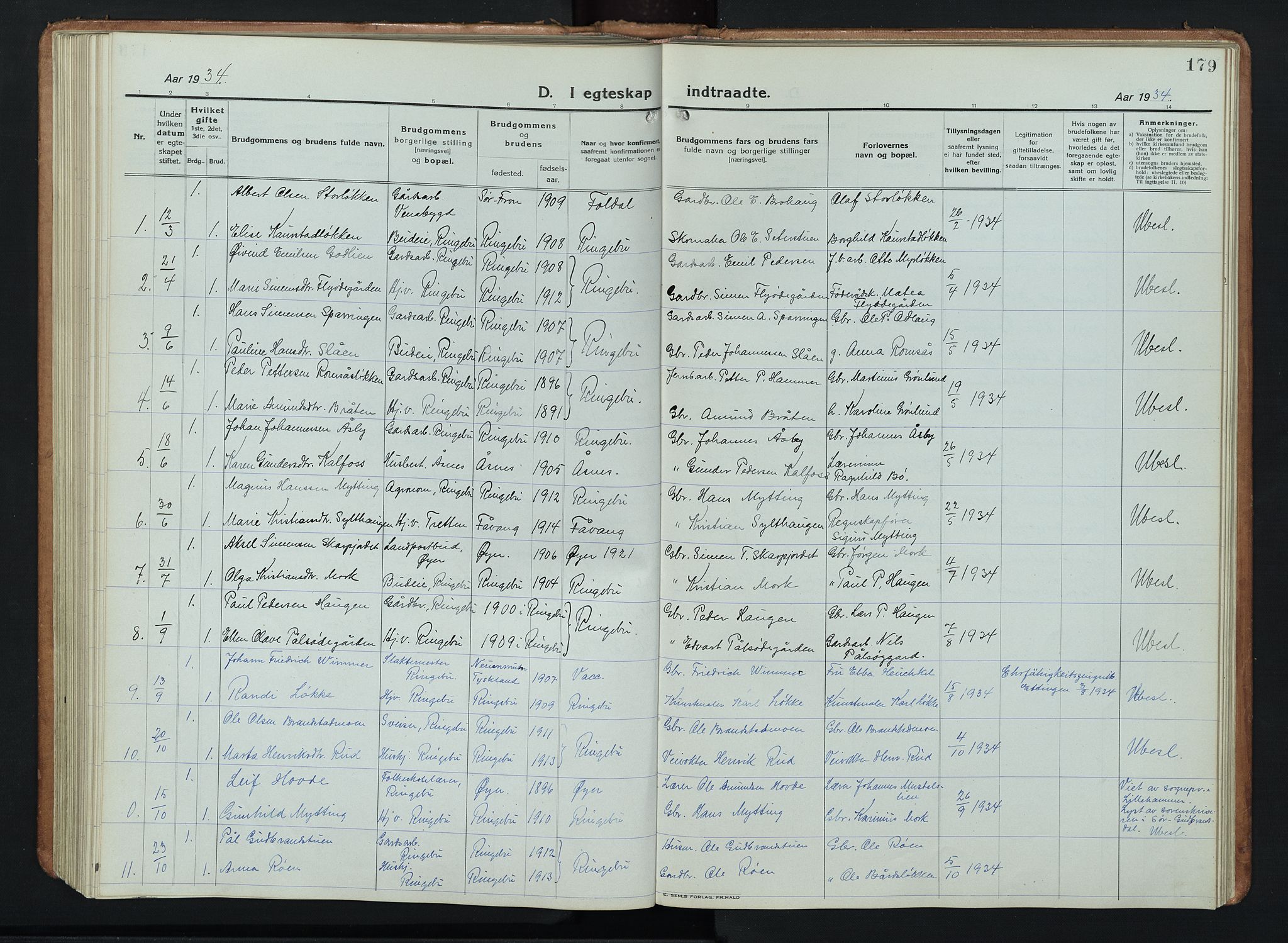 Ringebu prestekontor, AV/SAH-PREST-082/H/Ha/Hab/L0011: Parish register (copy) no. 11, 1921-1943, p. 179