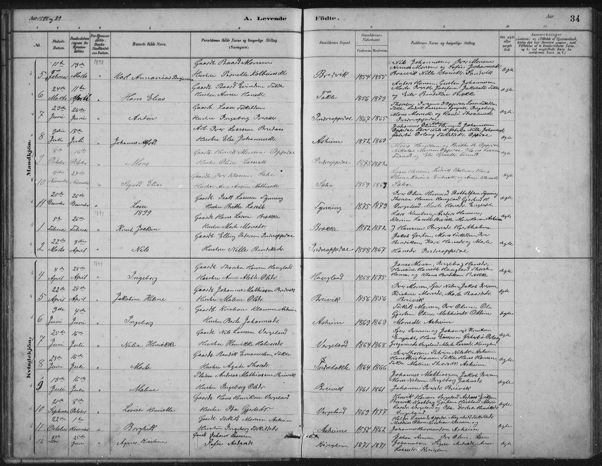 Gulen sokneprestembete, AV/SAB-A-80201/H/Hab/Habc/L0002: Parish register (copy) no. C 2, 1880-1938, p. 34