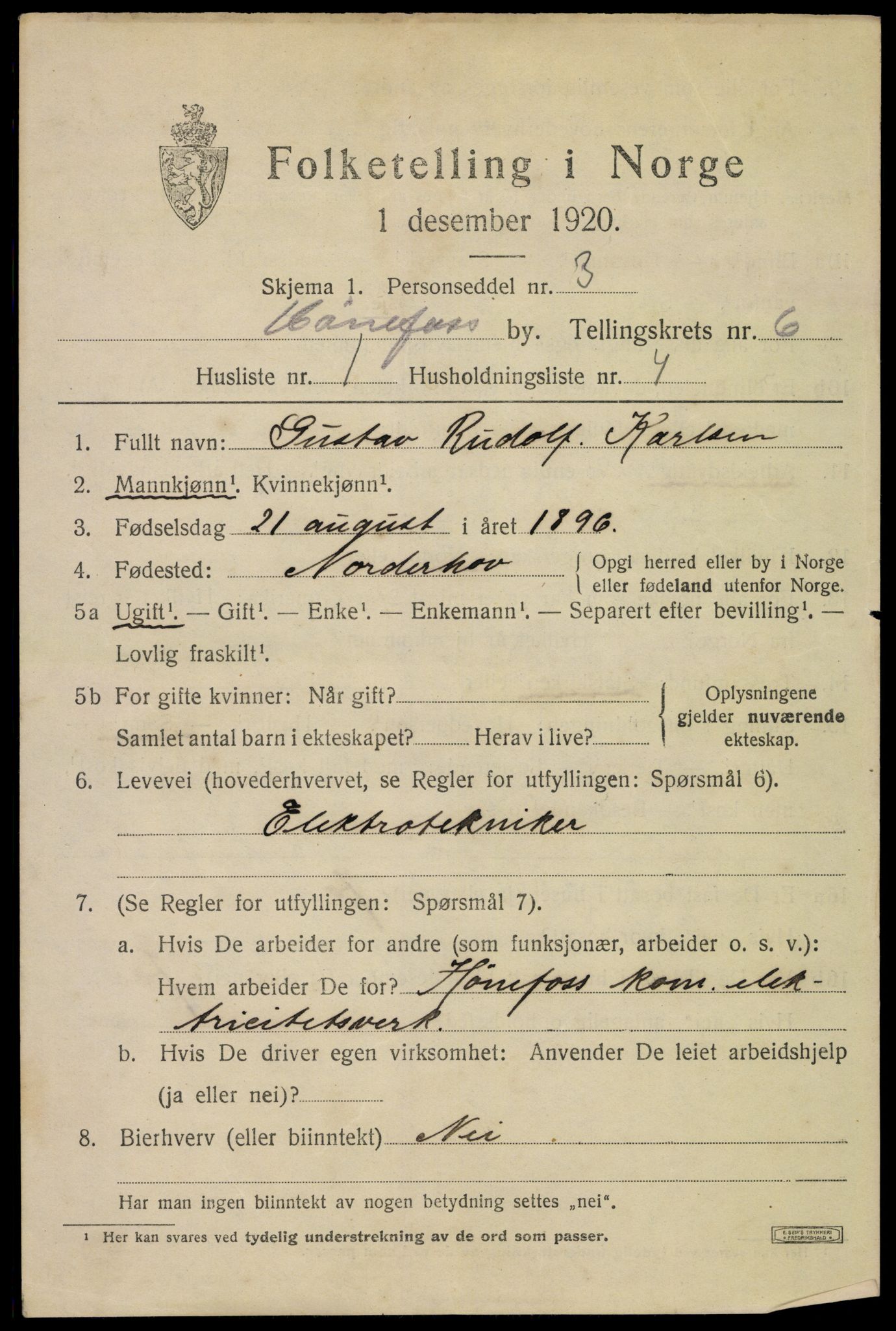 SAKO, 1920 census for Hønefoss, 1920, p. 6996