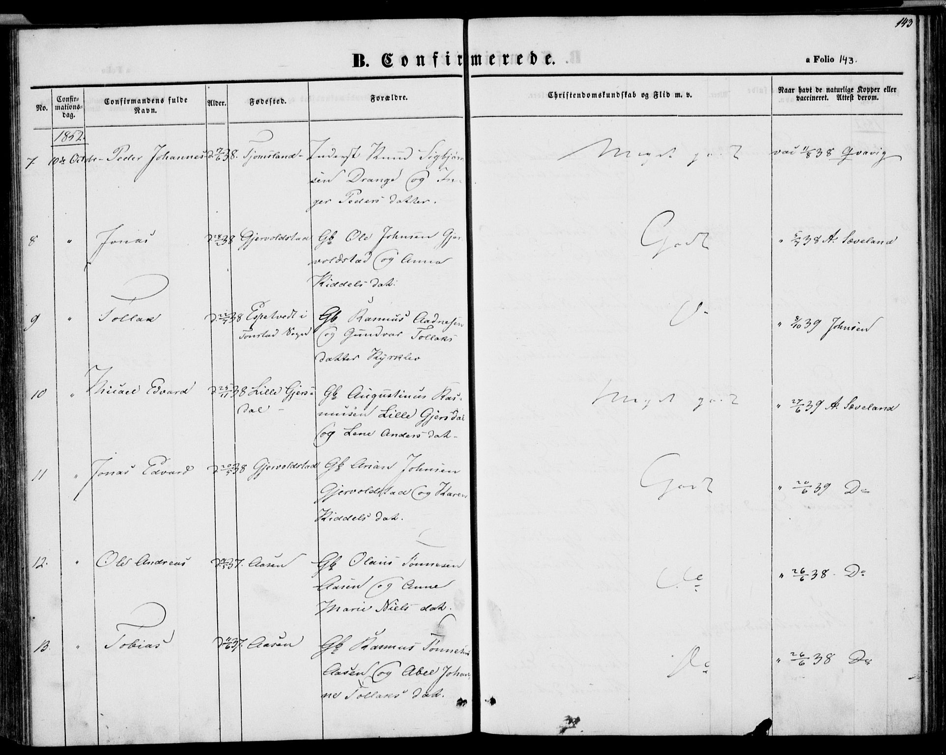 Herad sokneprestkontor, AV/SAK-1111-0018/F/Fa/Faa/L0004: Parish register (official) no. A 4, 1844-1853, p. 143