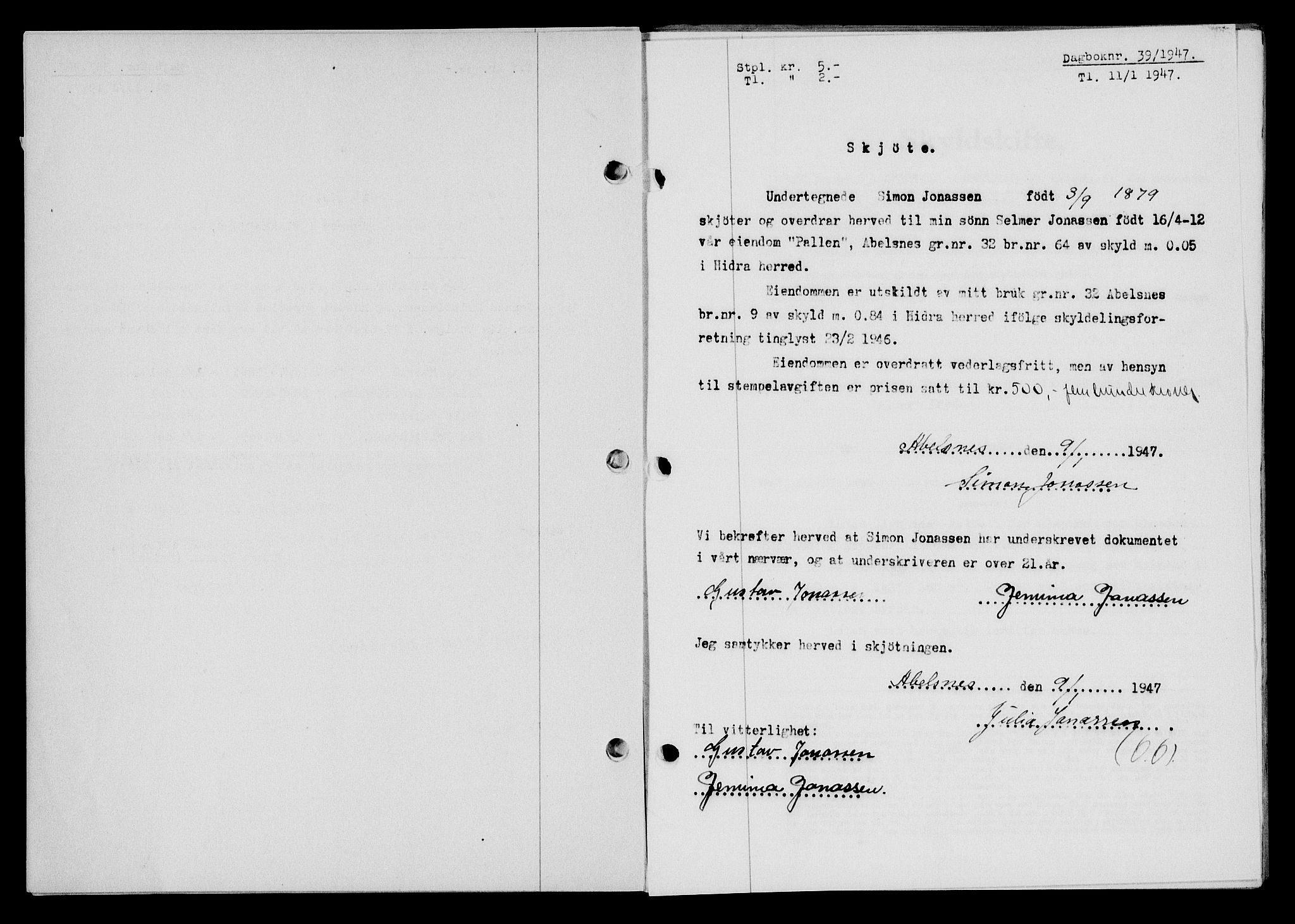 Flekkefjord sorenskriveri, AV/SAK-1221-0001/G/Gb/Gba/L0061: Mortgage book no. A-9, 1946-1947, Diary no: : 39/1947