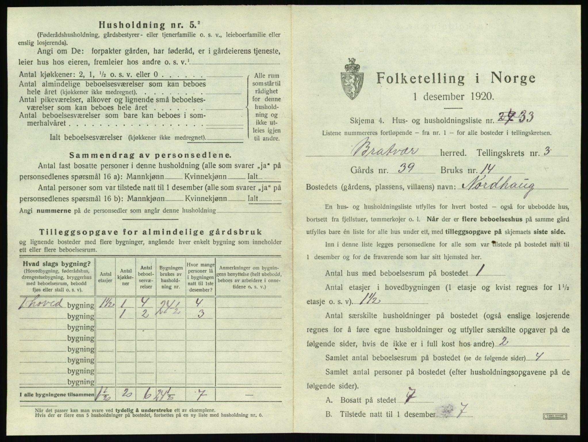 SAT, 1920 census for Brattvær, 1920, p. 182