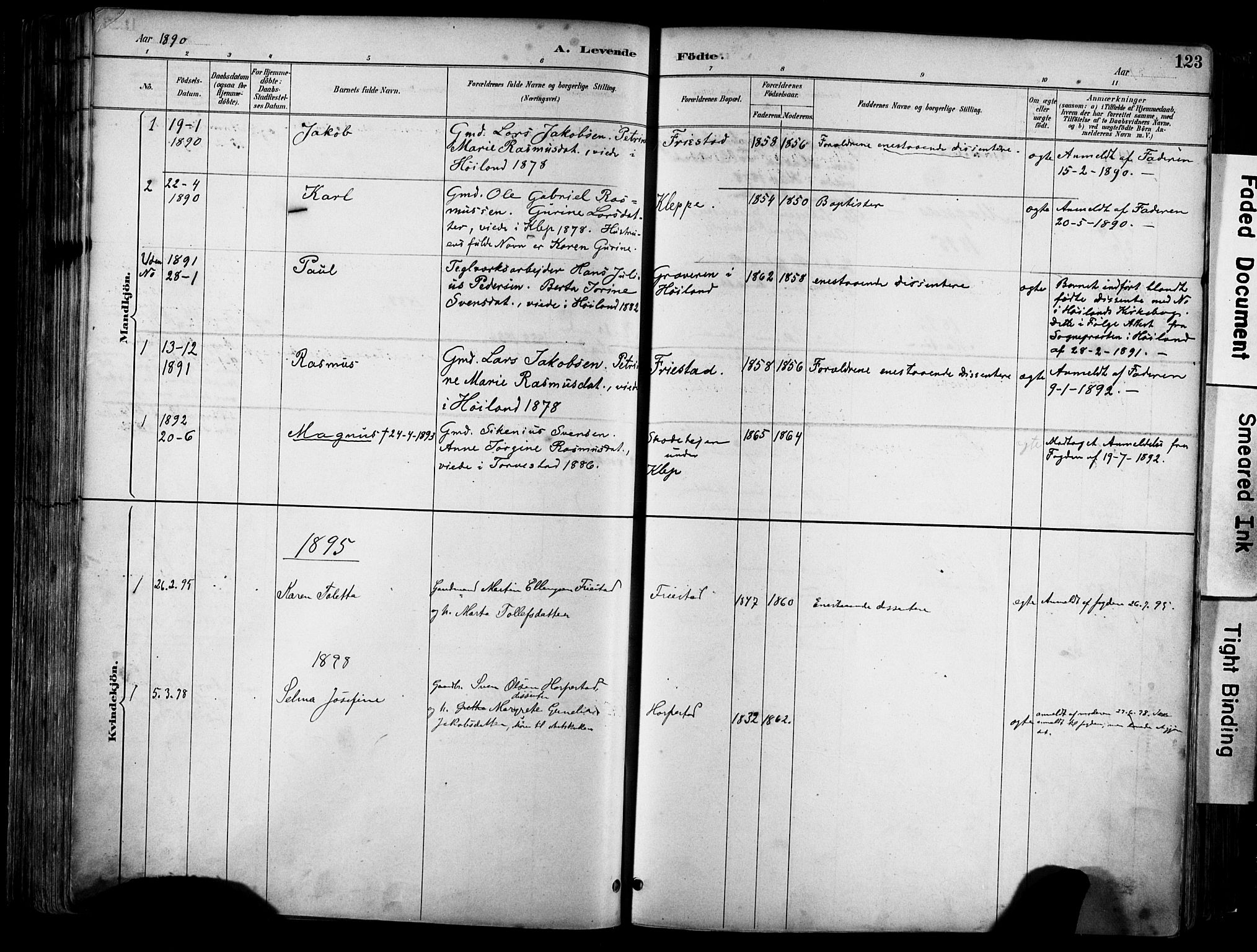 Klepp sokneprestkontor, SAST/A-101803/001/3/30BA/L0009: Parish register (official) no. A 7, 1886-1915, p. 123