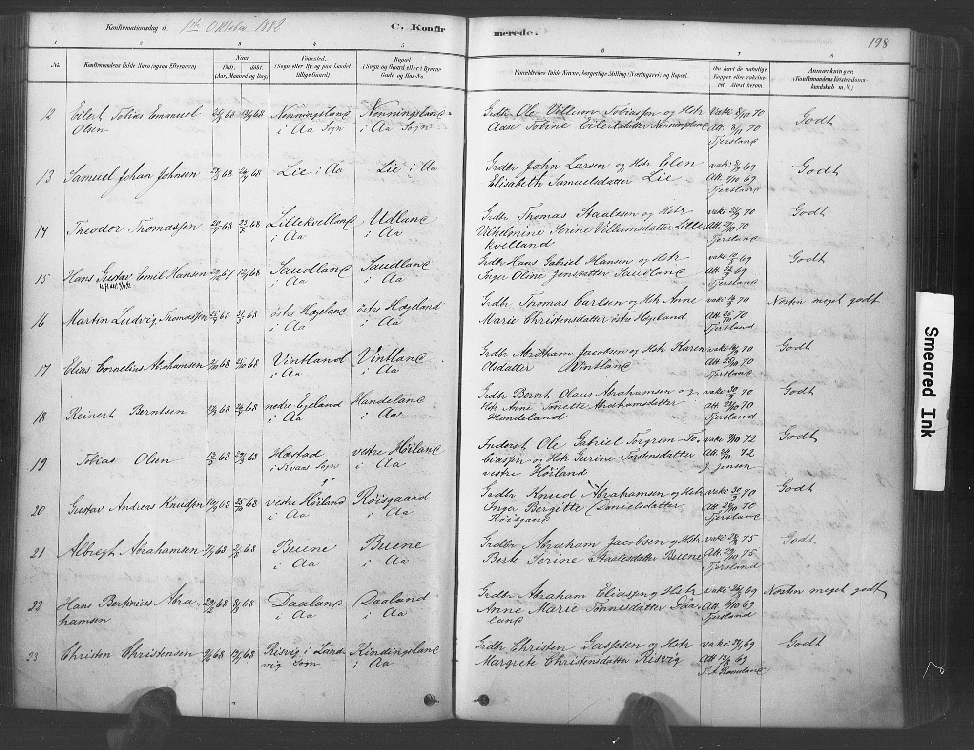 Lyngdal sokneprestkontor, AV/SAK-1111-0029/F/Fa/Fac/L0011: Parish register (official) no. A 11, 1878-1893, p. 198