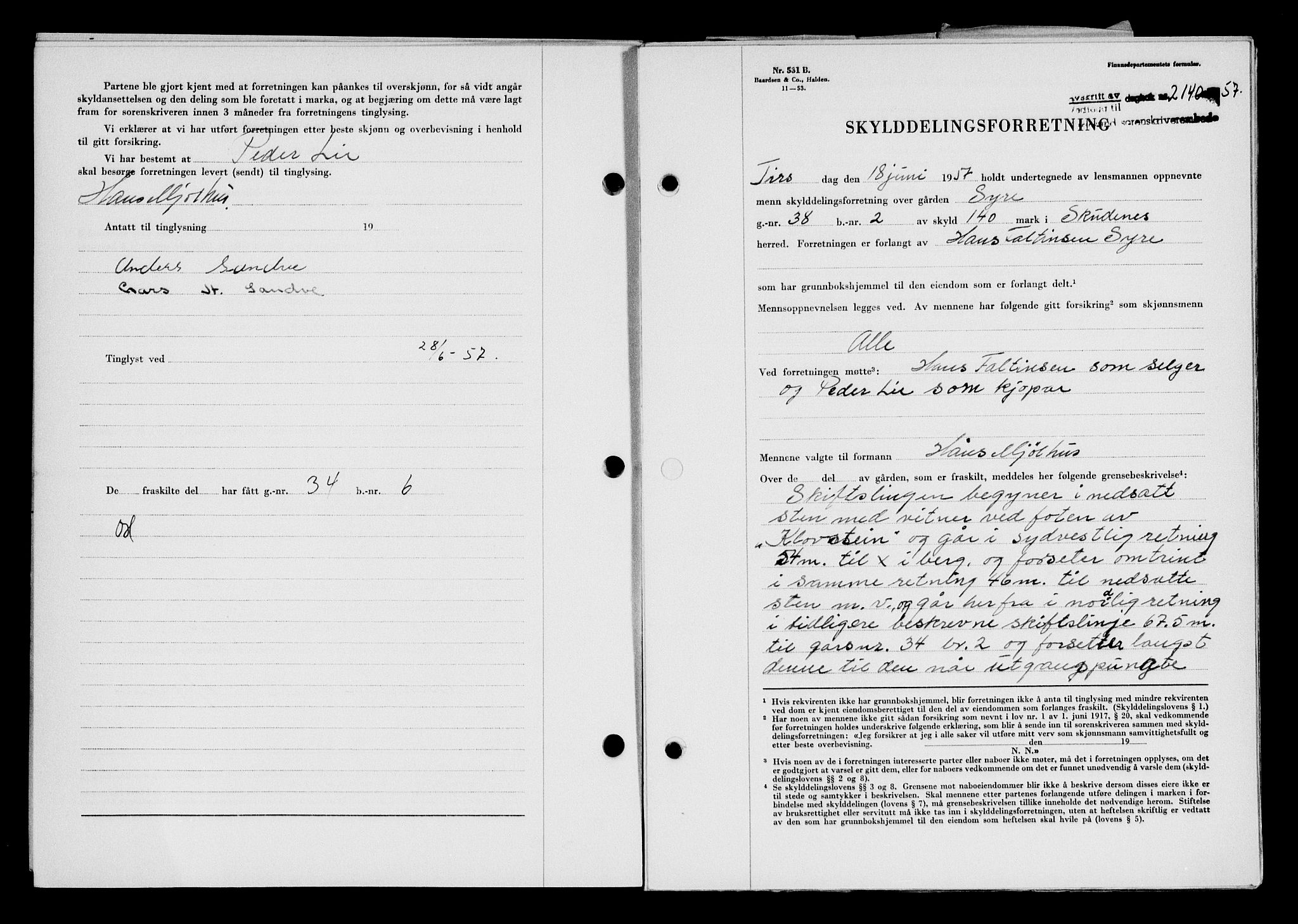 Karmsund sorenskriveri, SAST/A-100311/01/II/IIB/L0125: Mortgage book no. 105A, 1957-1957, Diary no: : 2140/1957